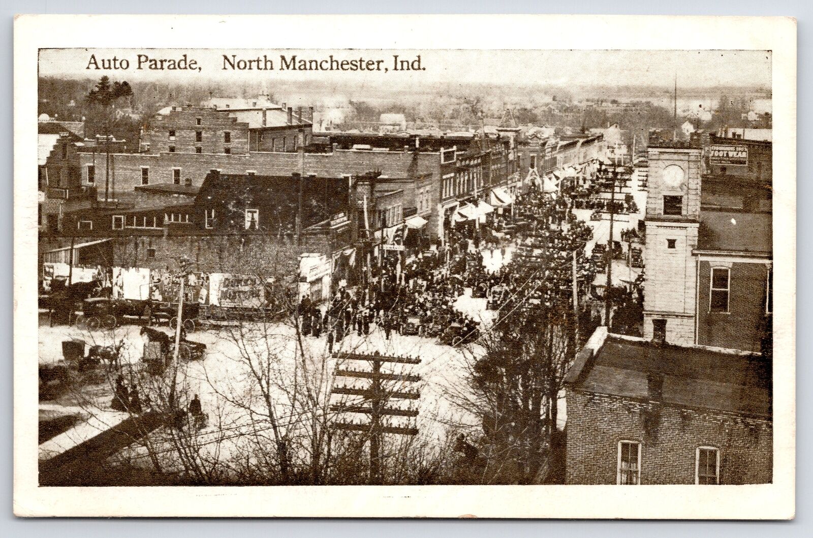 North Manchester Indiana~Birdseye View of Auto Parade B&W~Postcard