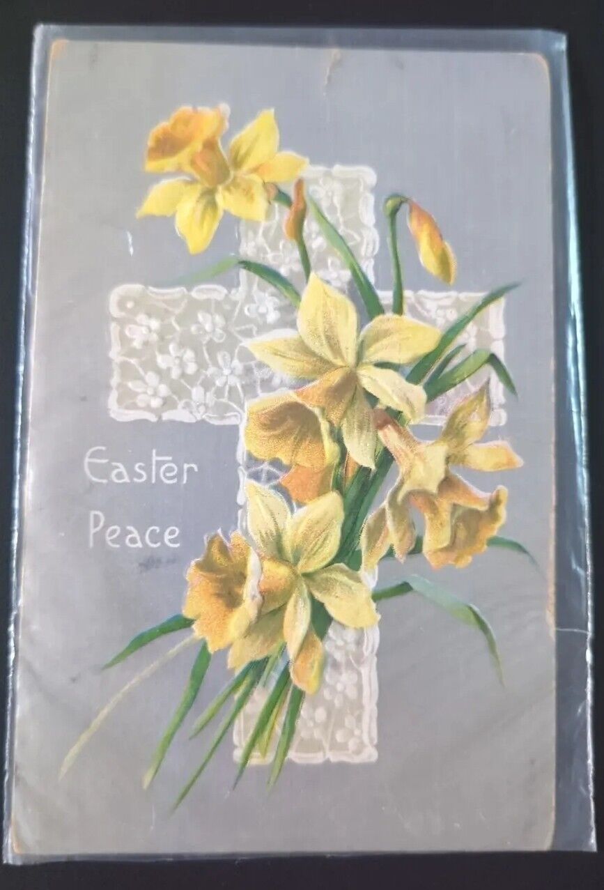 EASTER PEACE POSTCARD VINTAGE series c No. 6 Cross with Spring Flower #27