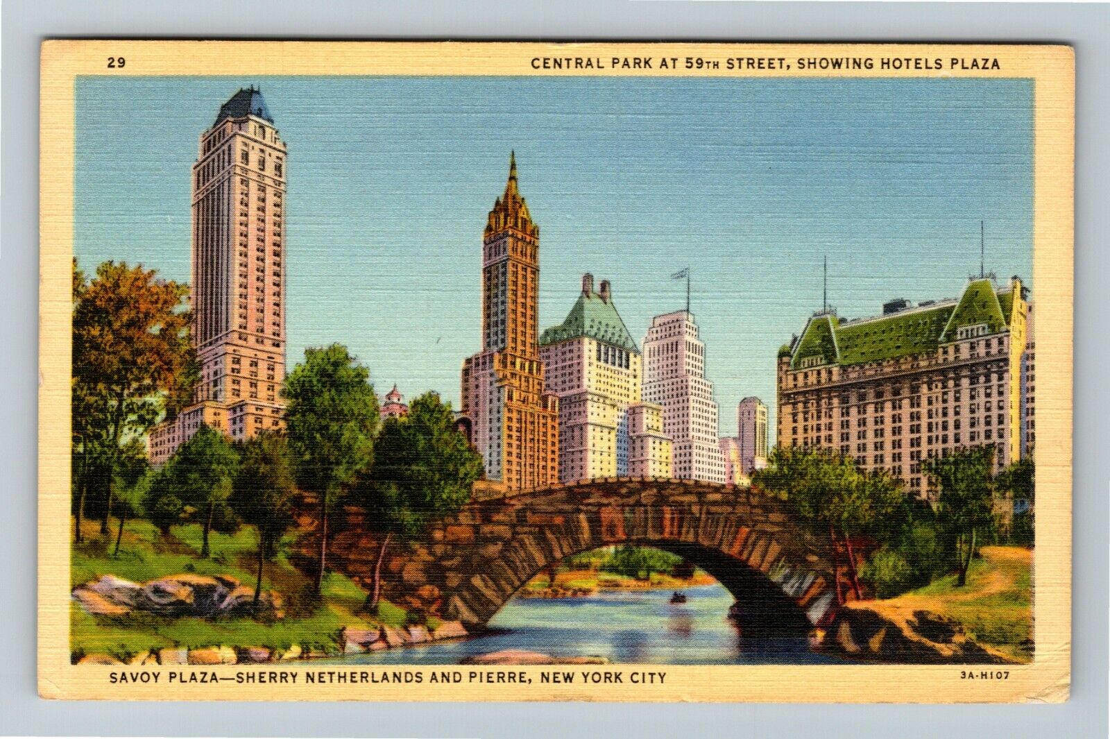 New York City NY Central Park Bridge Hotel Plaza c1942 Vintage Postcard