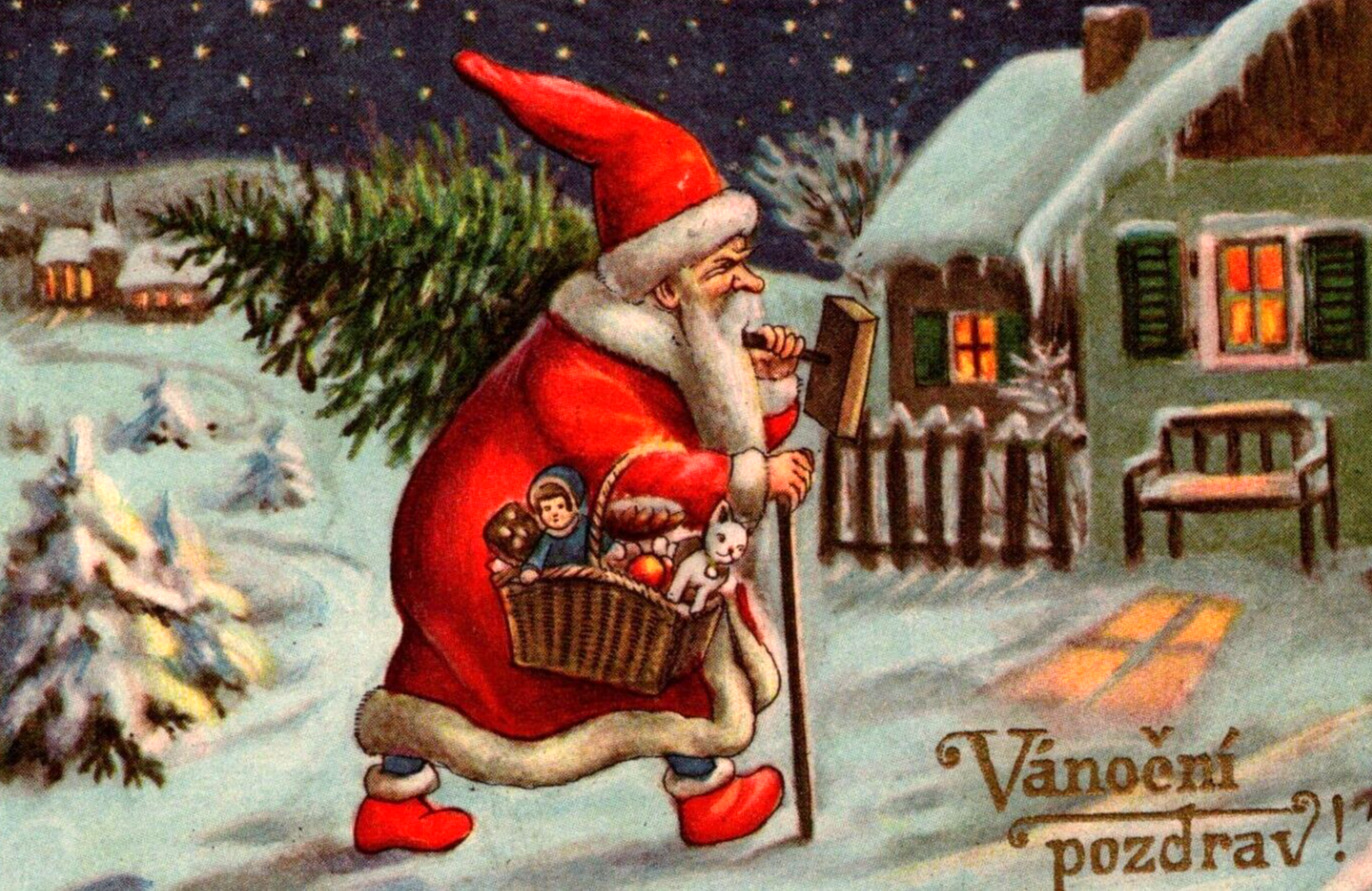 Santa Smokes Large Pipe Snow Village Starry Sky Christmas Greetings L&P Postcard