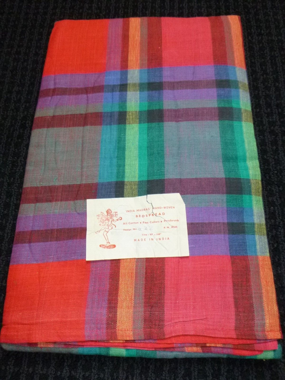 NOS Vtg 100% Cotton Madras Plaid Bedspread Coverlet Made in India 90x108\
