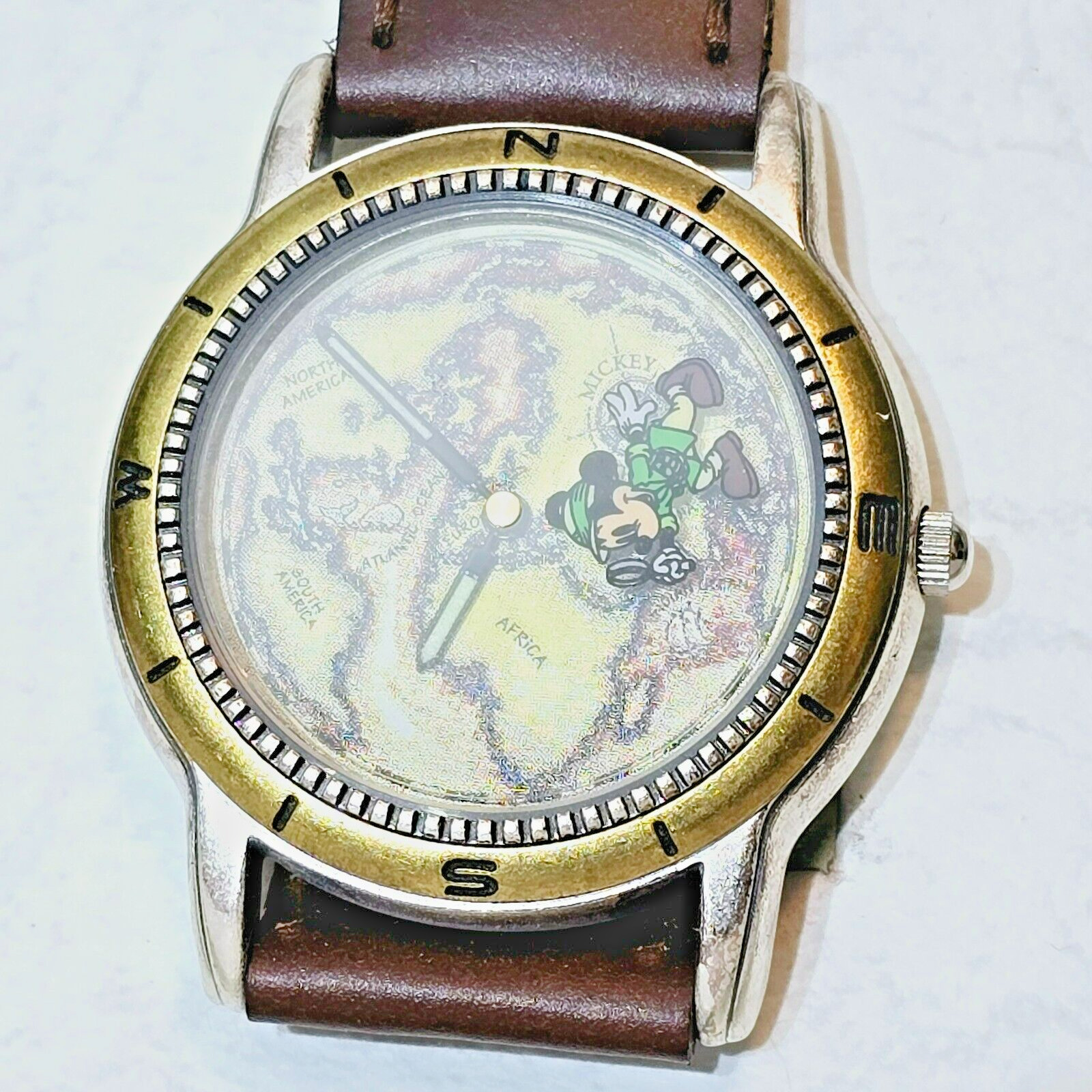 Vintage Disney Time Works Watch Mickey Mouse Explorer World Map Green Band