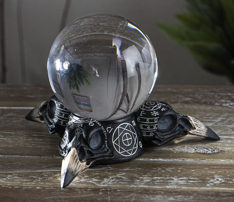 Wicca Psychic Raven Skulls Sacred Geometry Crystal Glass Gazing Ball Figurine