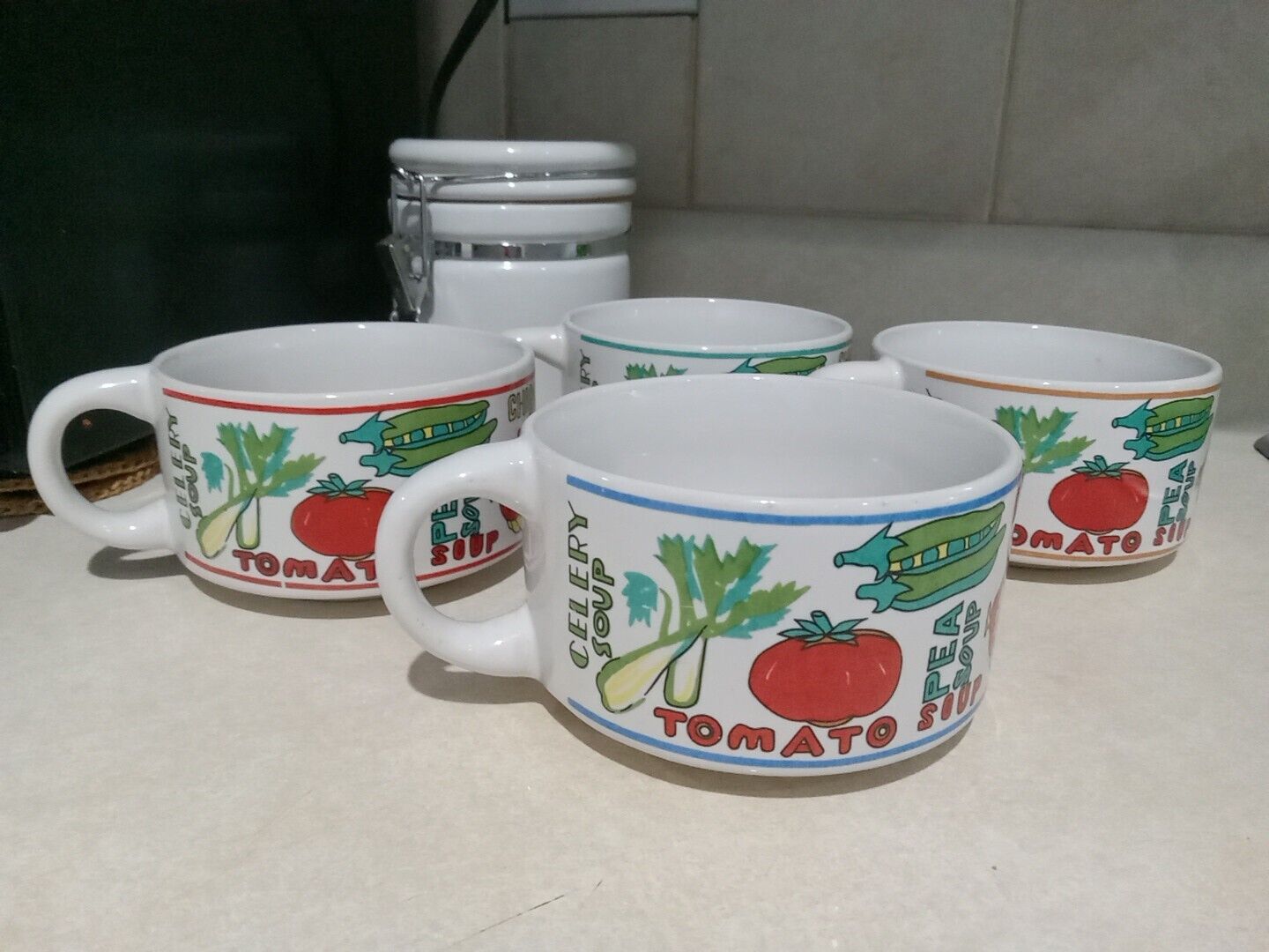 Vintage Soup Mug Set of 4 Soup Pop Art Stackable Soup Mugs 1970s