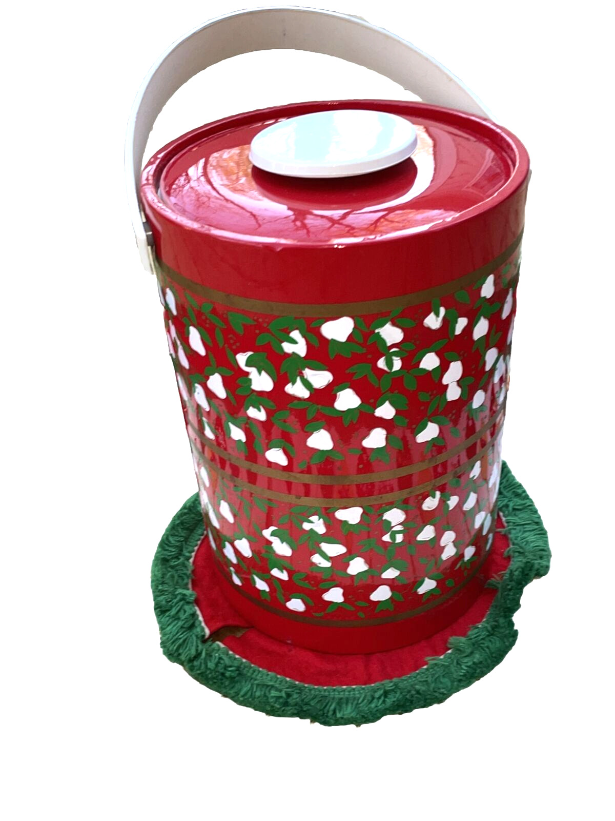 Vtg Ice Bucket MCM Red White Green Pears Christmas Vinyl Tall 11” XL Holiday