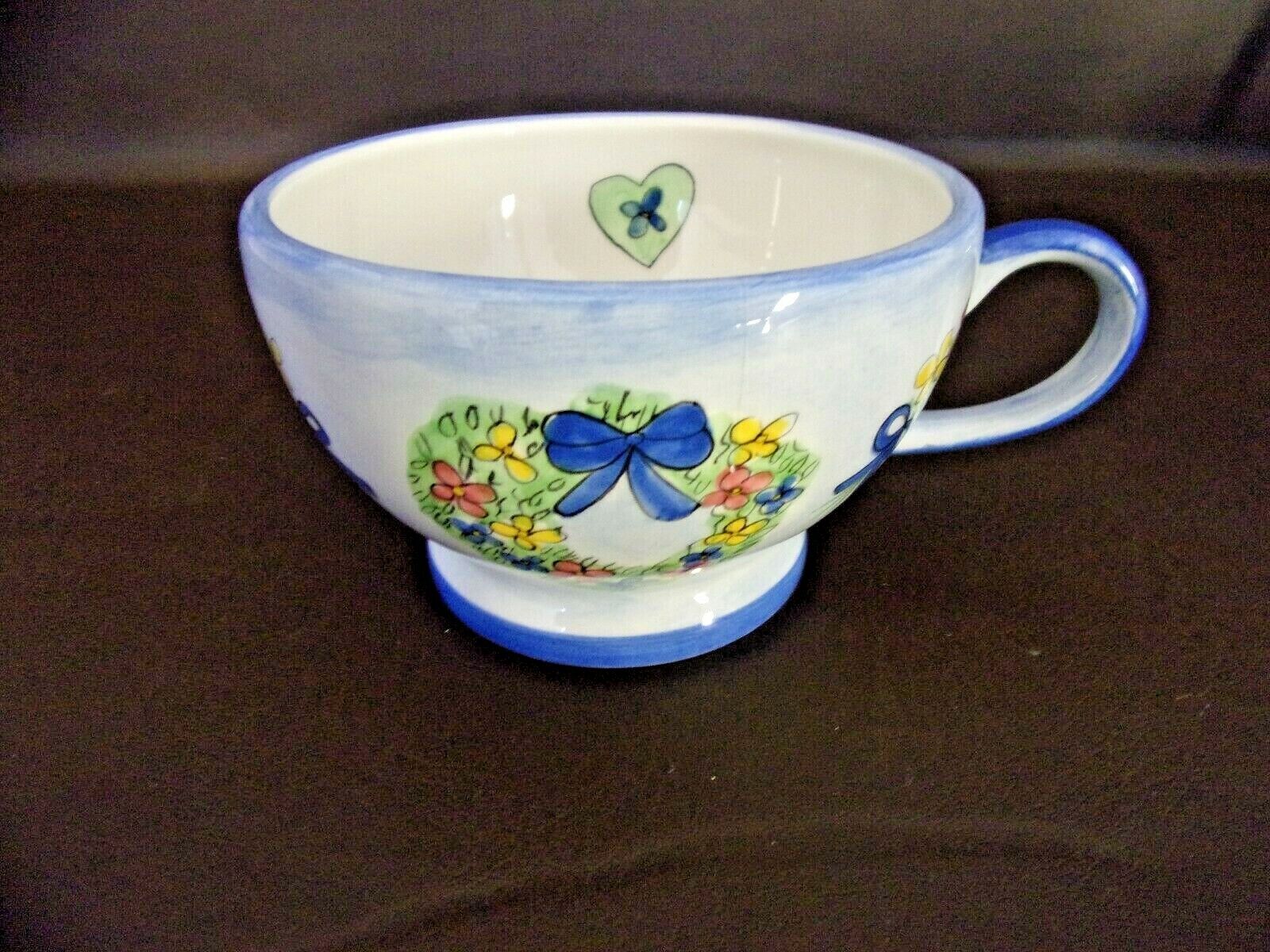 Hand Painted Ceramic Cup With Blue Accents & Blue Bows