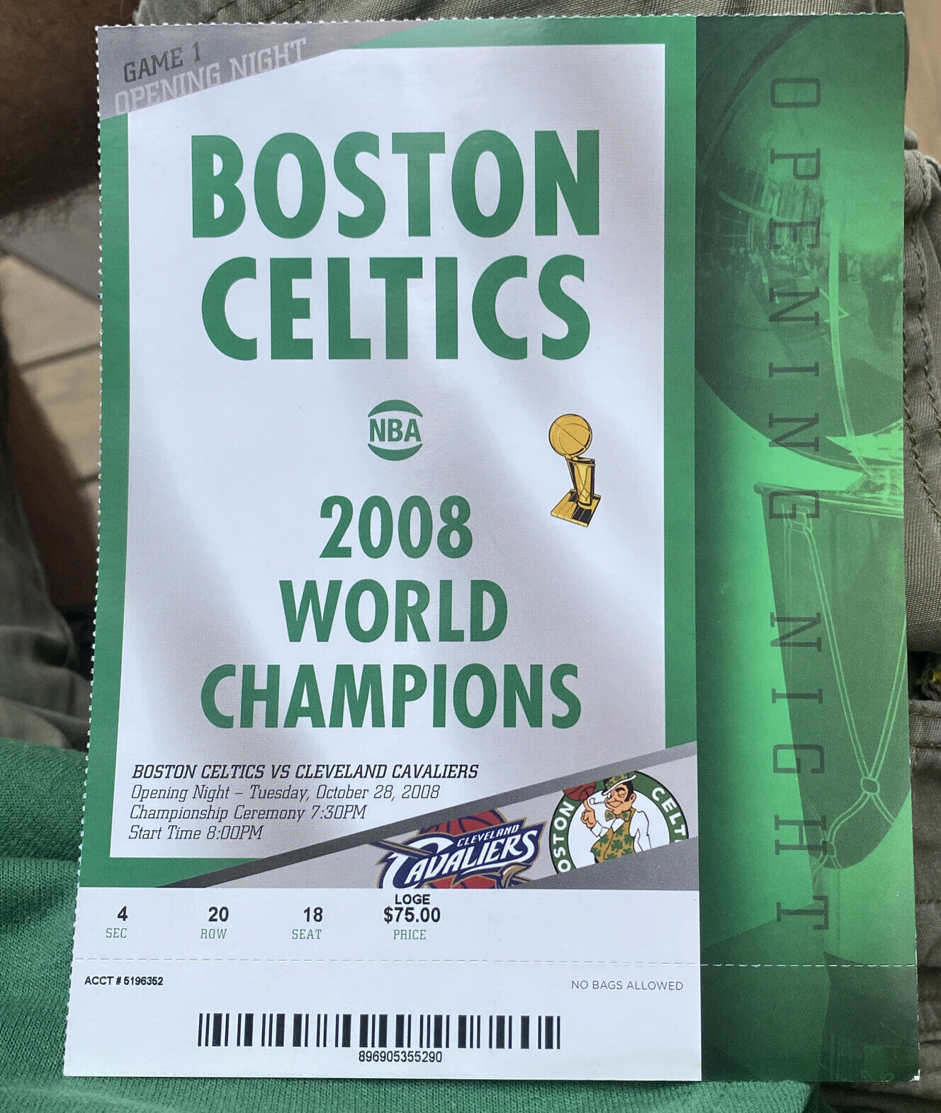 Cleveland Cavs @ Boston Celtics 2008 Opening Night NBA Ticket