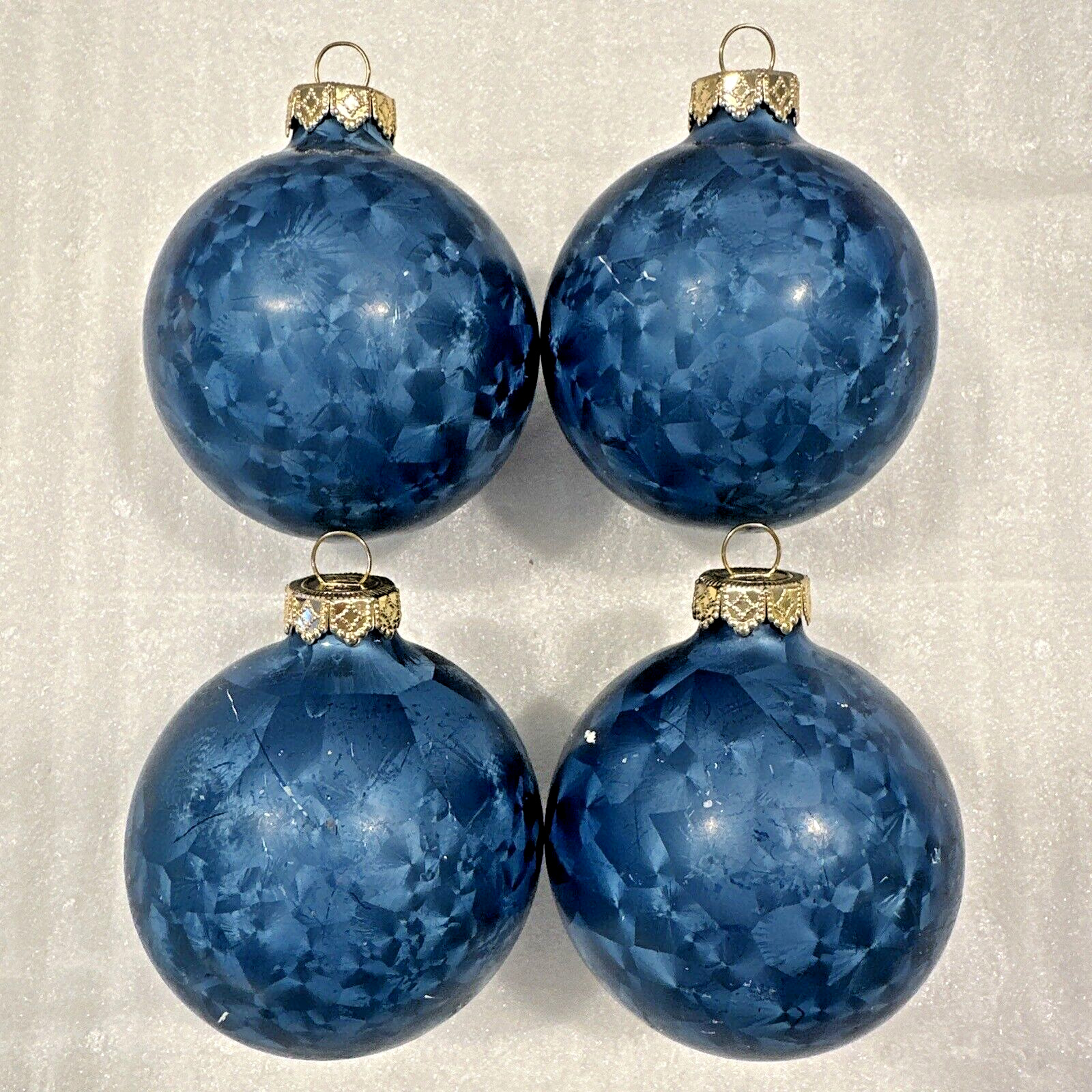 Set of 4 Vintage HD Blue Frosted Glass Christmas Ornaments Silver Crowns 2.5\