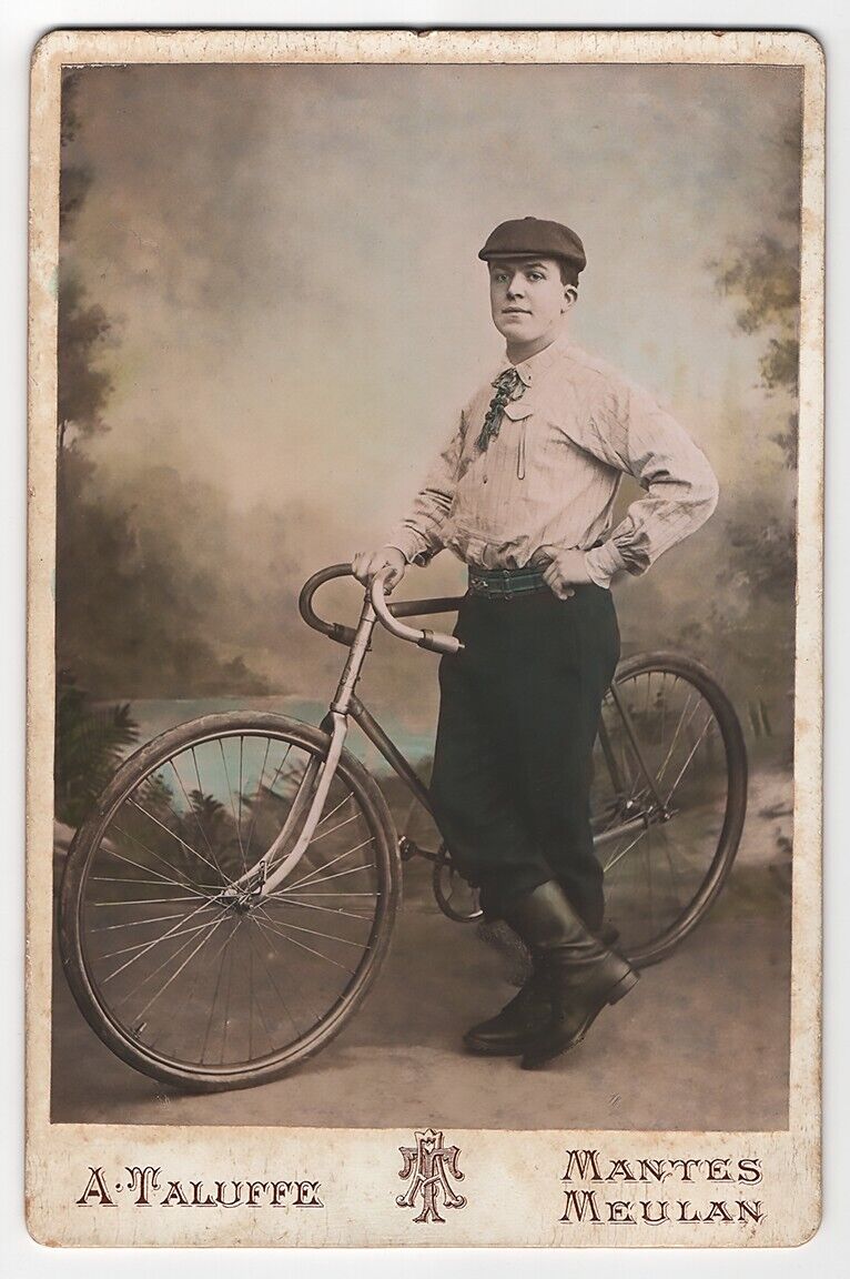 1890s Color-tinted Cabinet Card of a Cyclist and his Bicycle