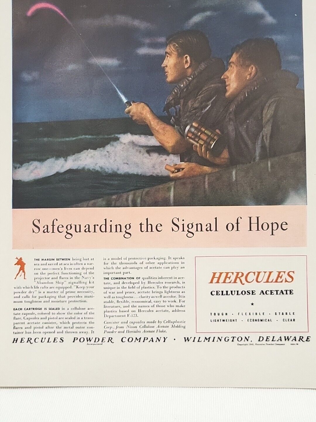 1943 Hercules Cellulose Acetate Fortune WW2 Print Ad Signal of Hope NAVY War Sea