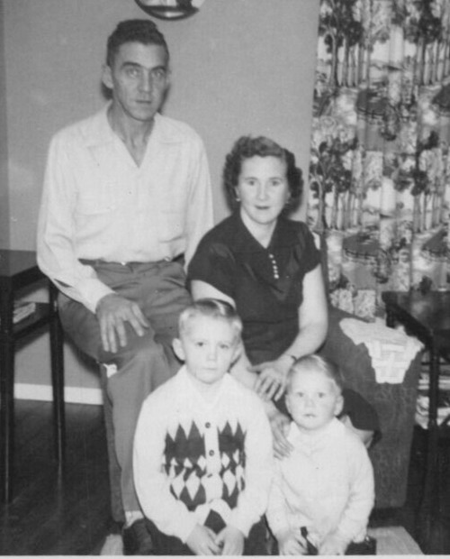 4A Photograph 1955 Family Photo Portrait Mom Dad Man Woman Boys Sons 1955