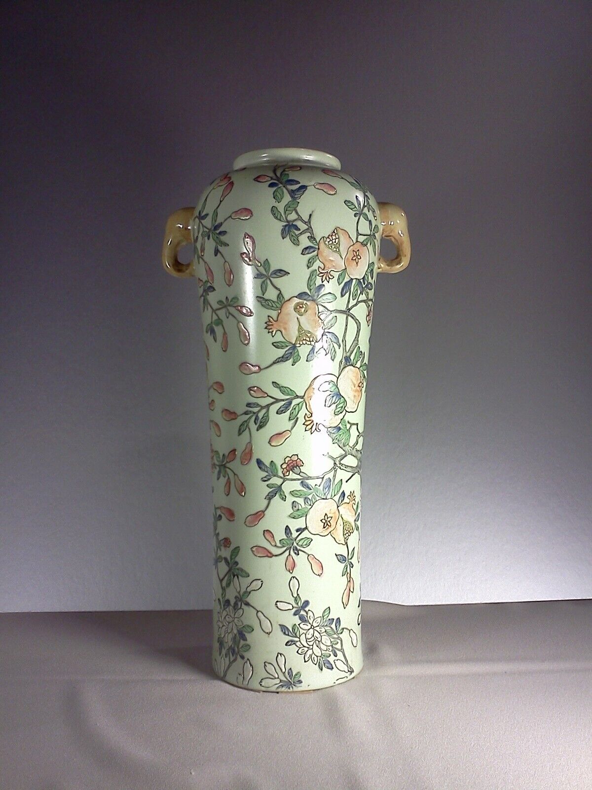 Vintage Chinese ceramic tall vase famille verte elephant ears pomegranates
