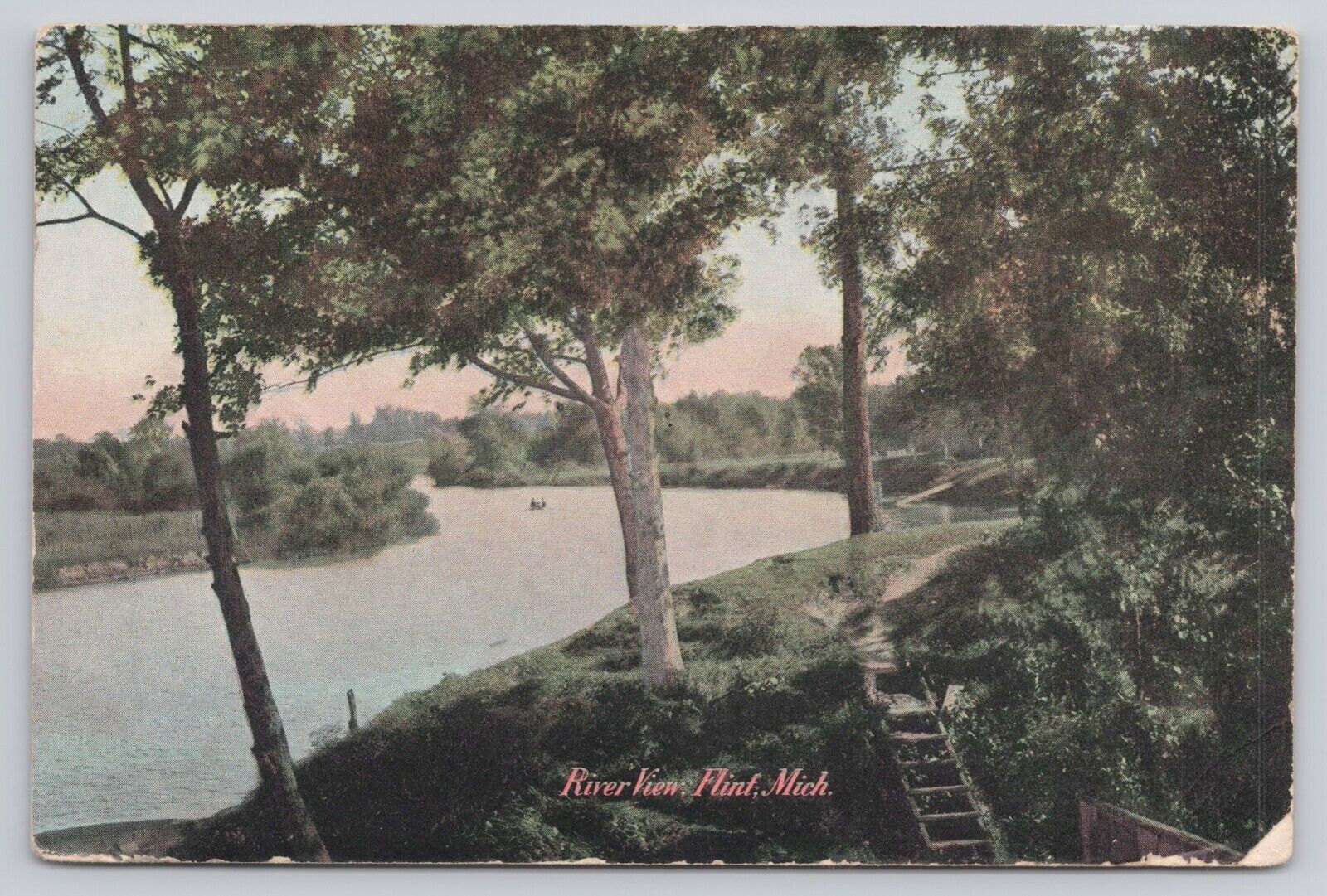 River View Flint Michigan Boater Floating Down River Antique 1909 Postcard