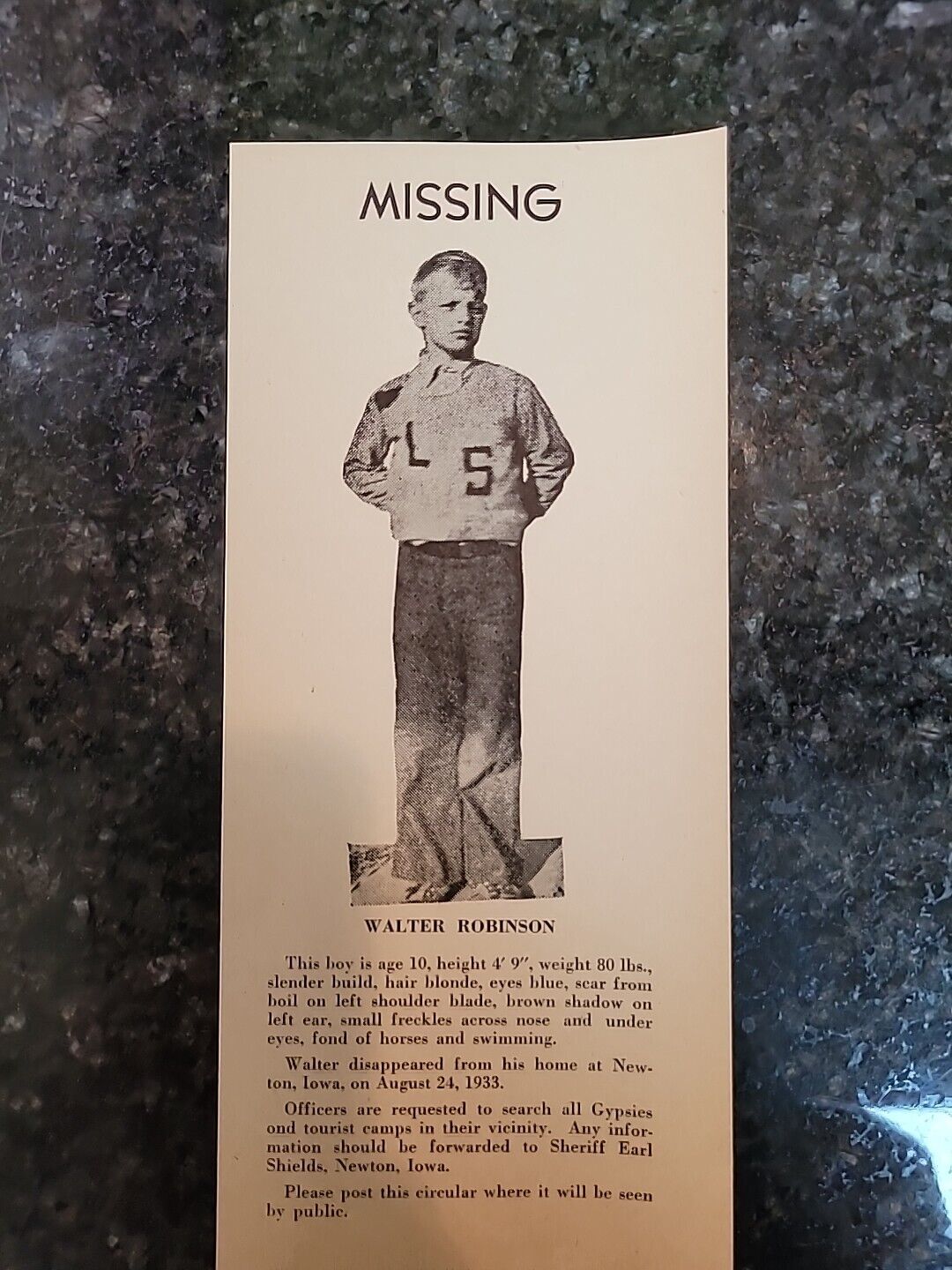 Vtg Missing Person Reward Poster, 1933 Newton, Iowa. Original