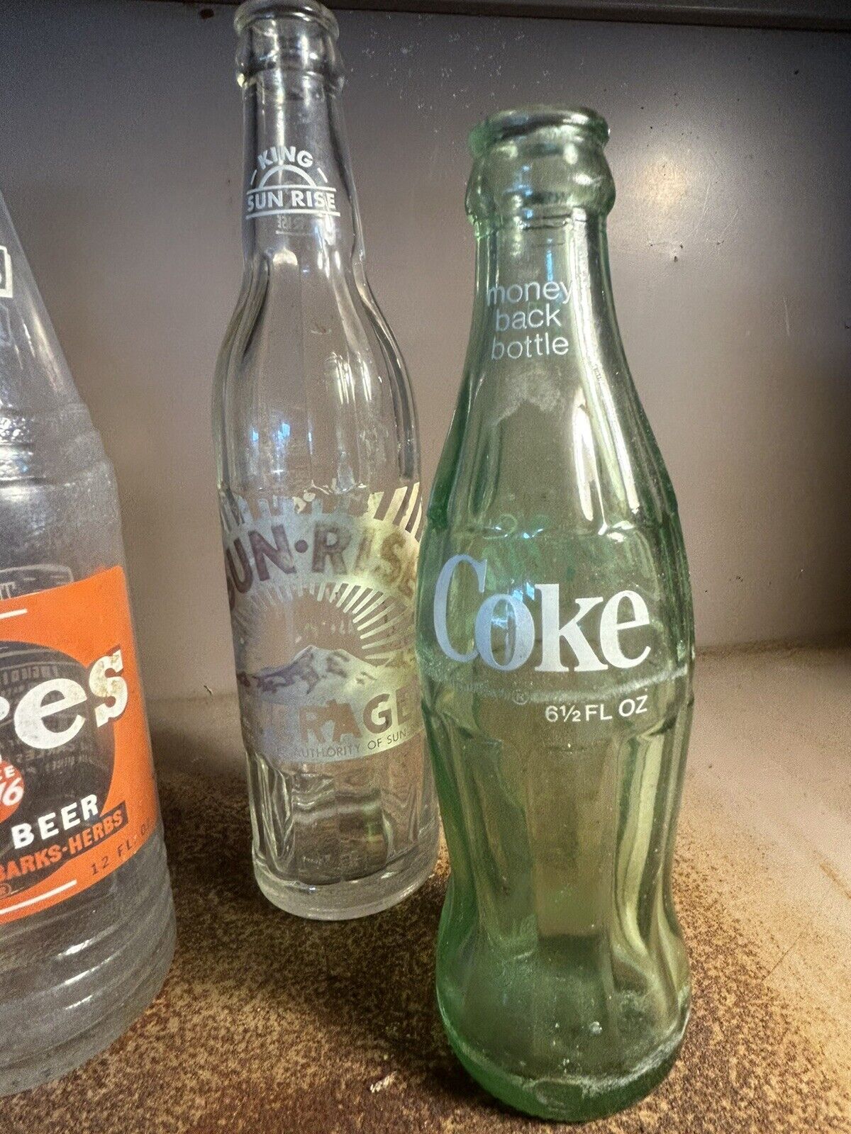 lot of 6 vintage soda bottles, Canada Dry, Crush, Big Red, Hires, Sunrise , Coke