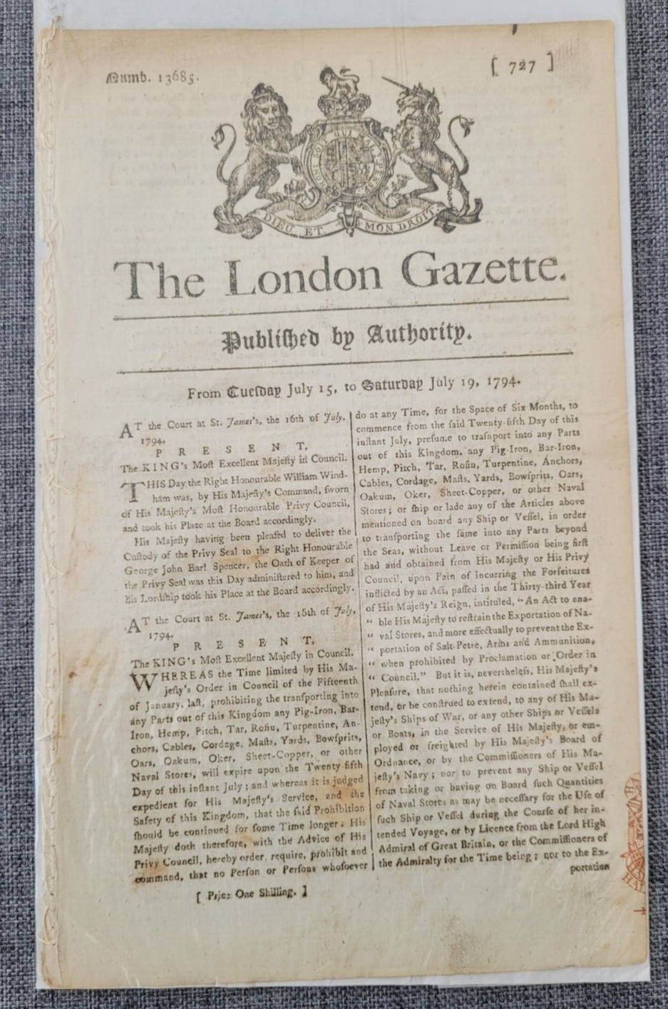 THE LONDON GAZETTE GEORGE 3RD 19TH JULY 1794 ORIGINAL SMALL ANTIQUE NEWSPAPER