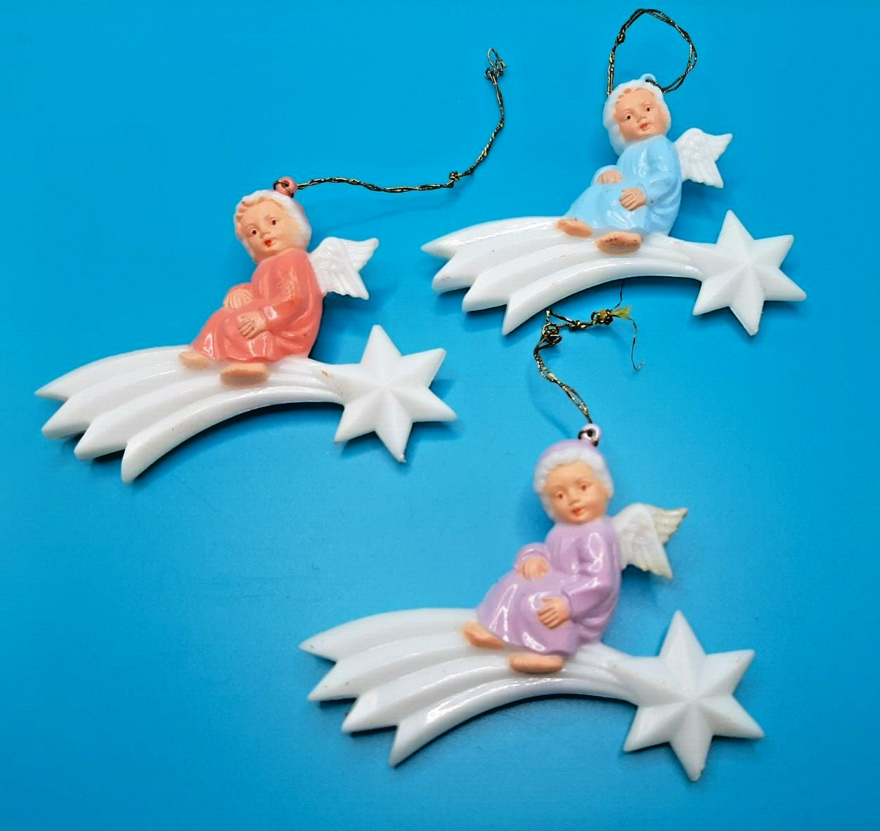 Vintage Angel on Shooting Star Plastic Christmas Ornaments Set of 3 GERMANY