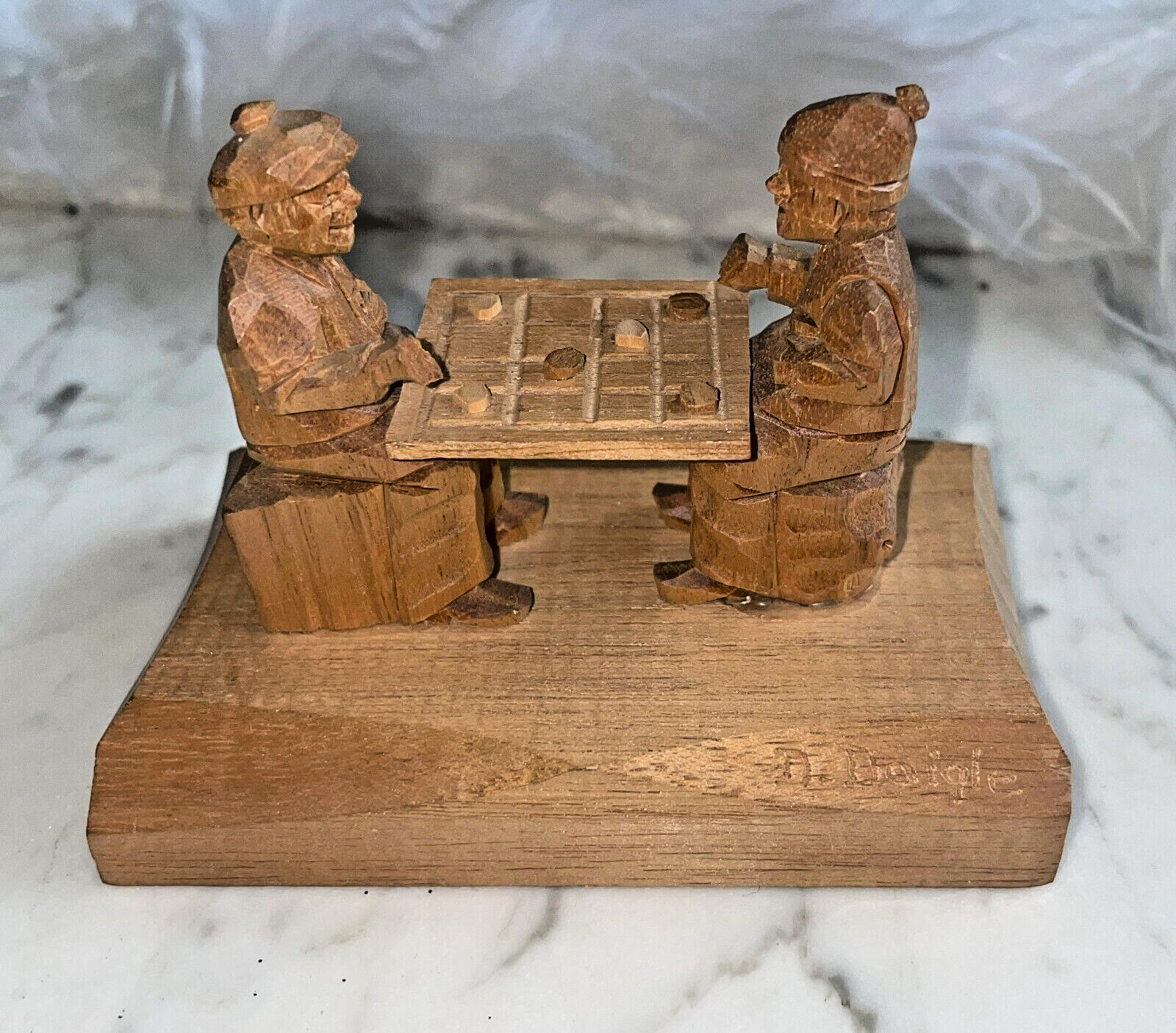 Vintage Mini Signed D. Daigle Hand Carved Wood Men Playing Checkers Canadian