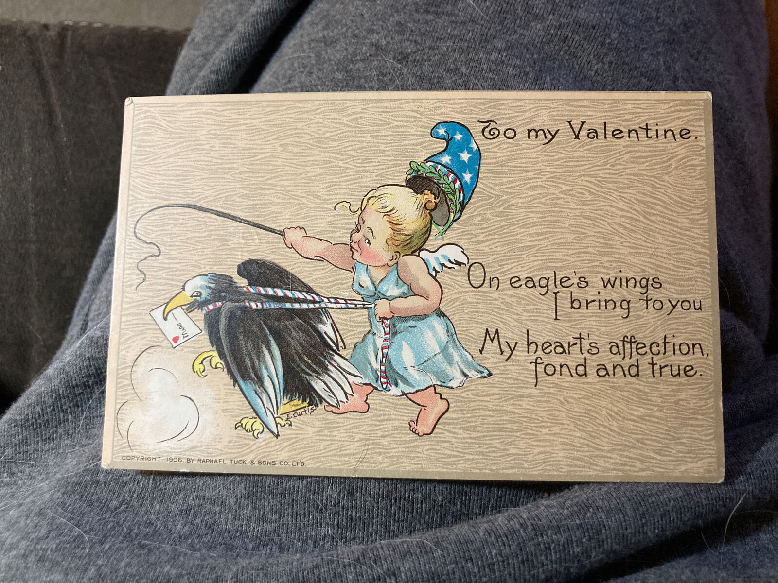 Tuck’s - To My Valentine w/ Child on Eagle - Poem - Signed by Artist E. Curtis
