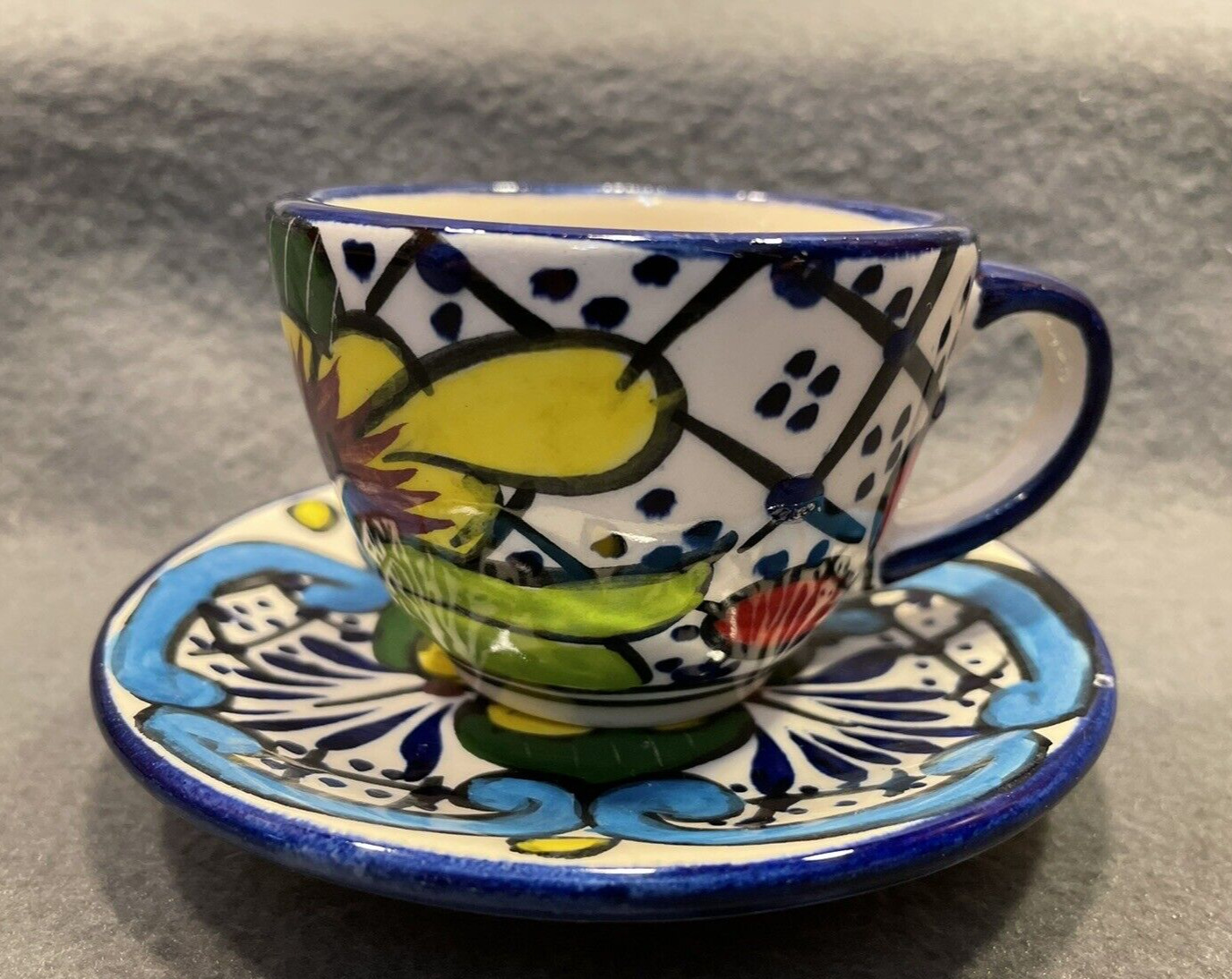 Mexican Alba Talavera Art Pottery Espresso, Tea Cup and Saucer Set