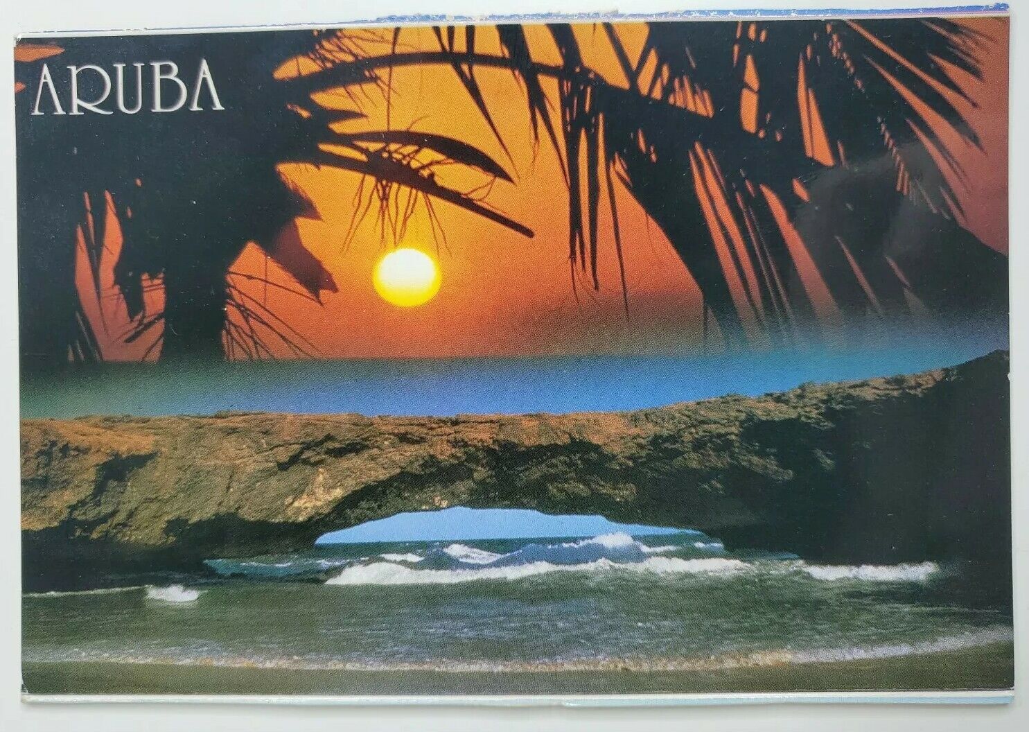 Postcard Aruba Pleasure Island Natural Bridge Palm Tree Sunset Beach  A1