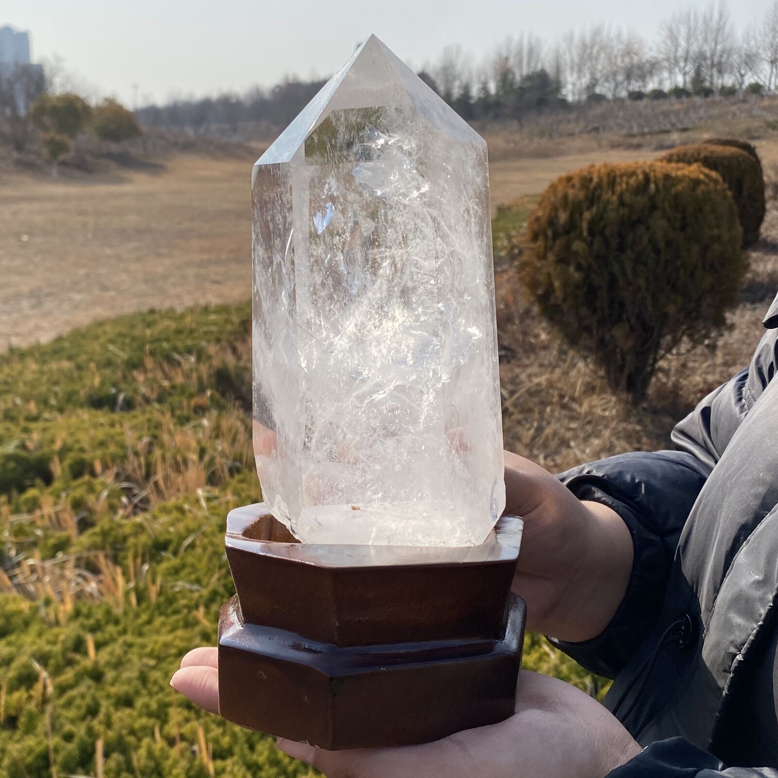 5.28LB top natural clear quartz obelisk crystal point wand healing+stand XA5519