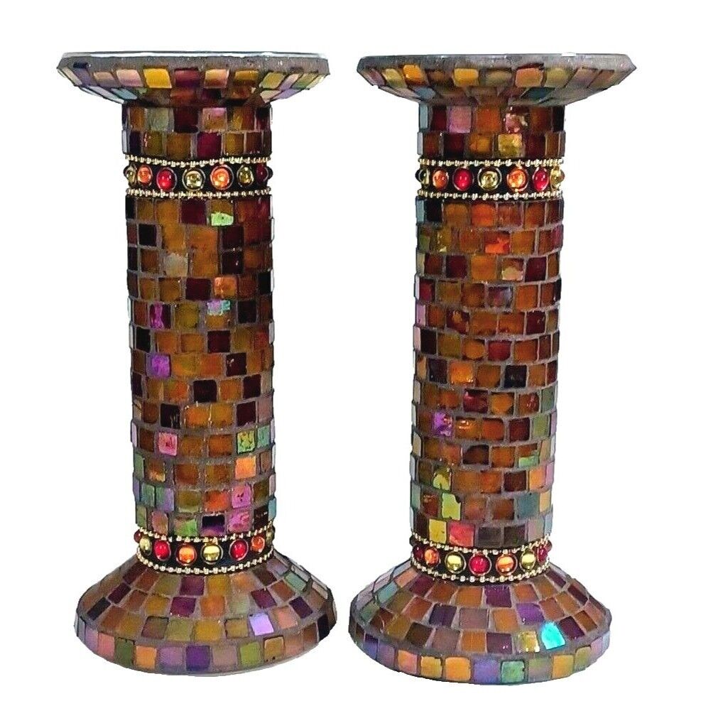 2 Partylite Global Fusion Stained Glass Mosaic Column Pillar Candle Holder 10”