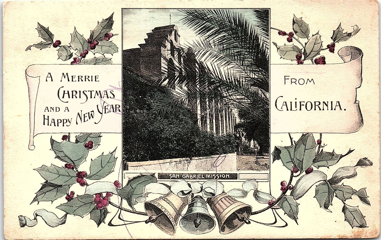 1911 SAN GABRIEL MISSION CALIFORNIA MERRIE CHRISTMAS NEW YEAR POSTCARD 41-274