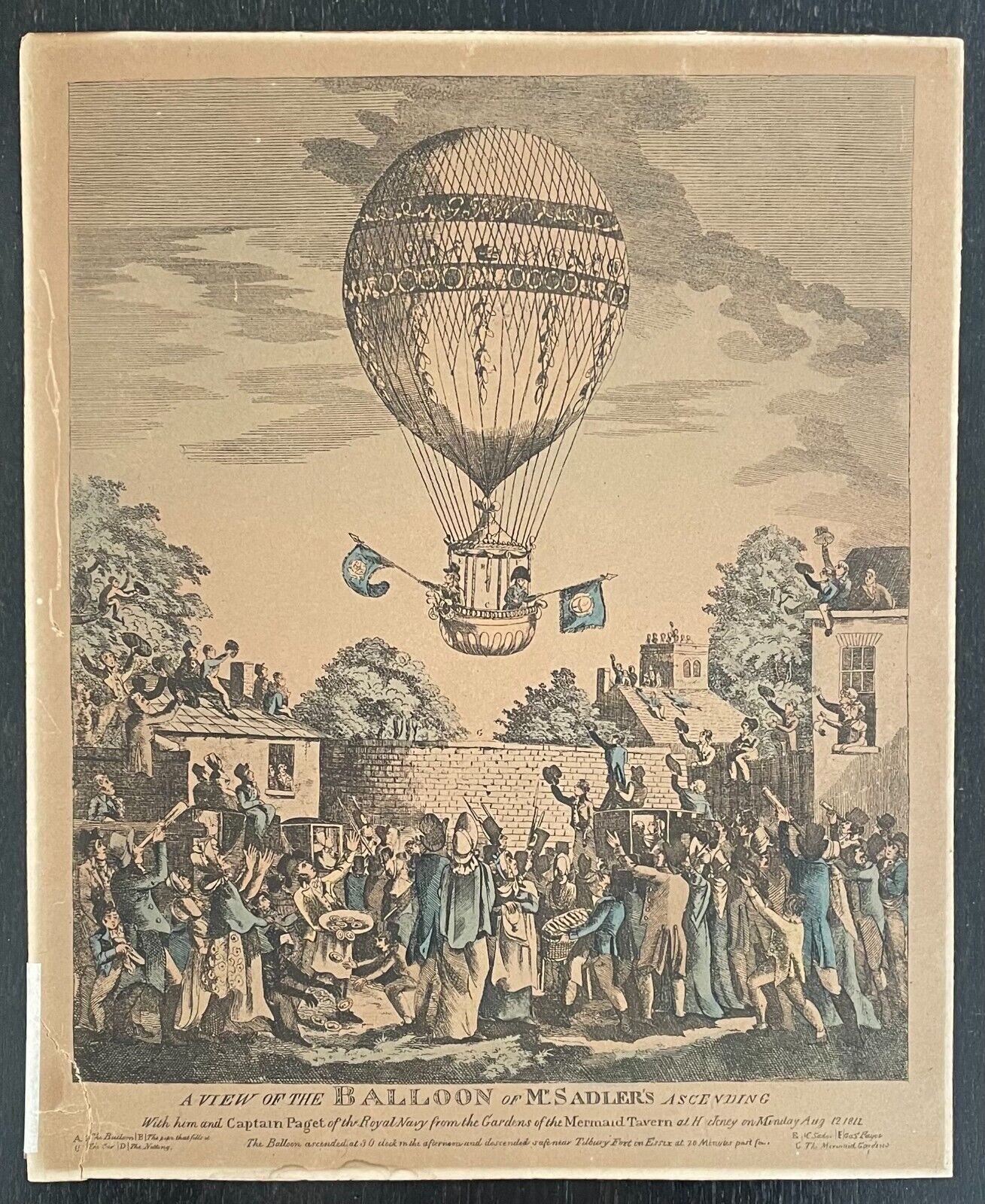 VIEW OF THE HOT AIR BALLOON OF MR. SADLER'S ASCENDING - RARE 1811 ORIGINAL PRINT
