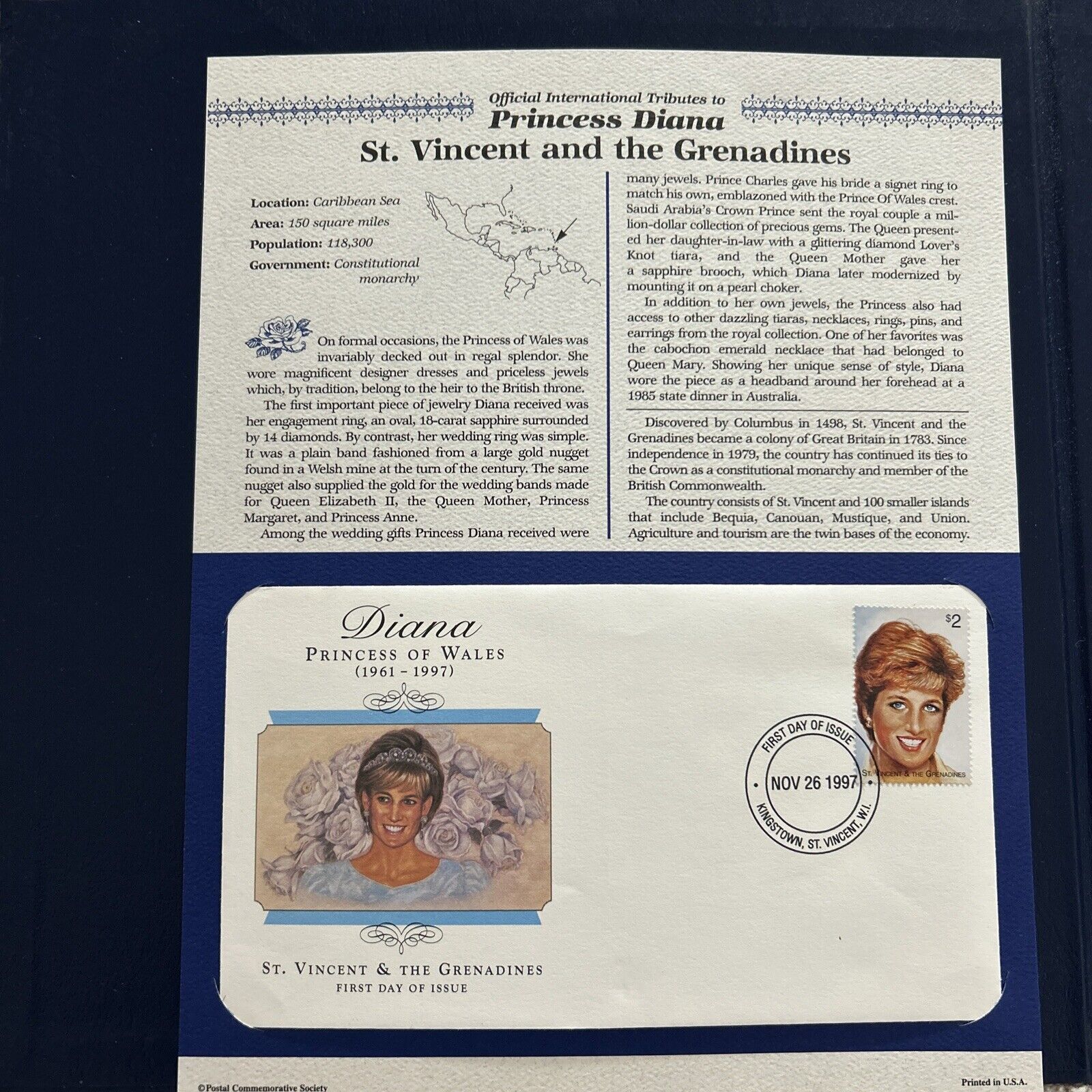Official Intl Tributes to Princess Diana First Day Stamp ST. VINCENTS & GRENADIN