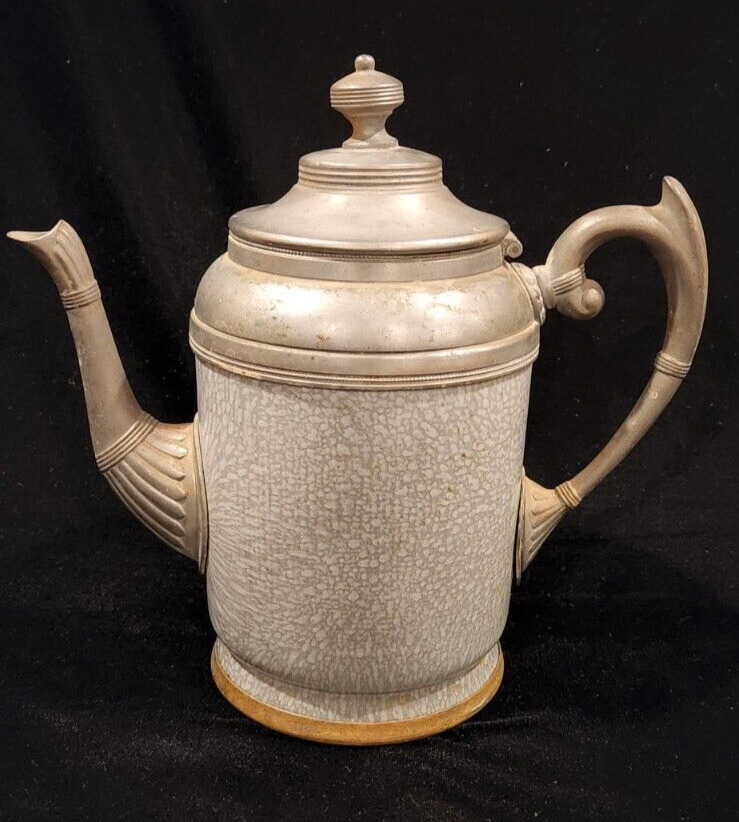 Rare 19th century Antique Grey & Pewter Graniteware Coffee Pot-  Please READ