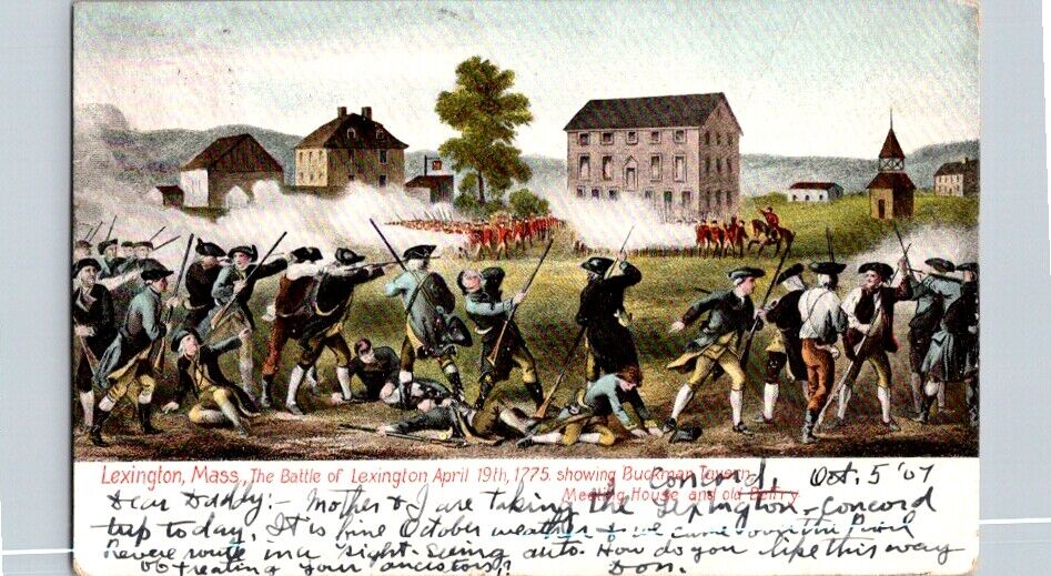 Postcard Depiction Battle Lexington Buckman\'s Tavern MA Massachusetts 1907  M281