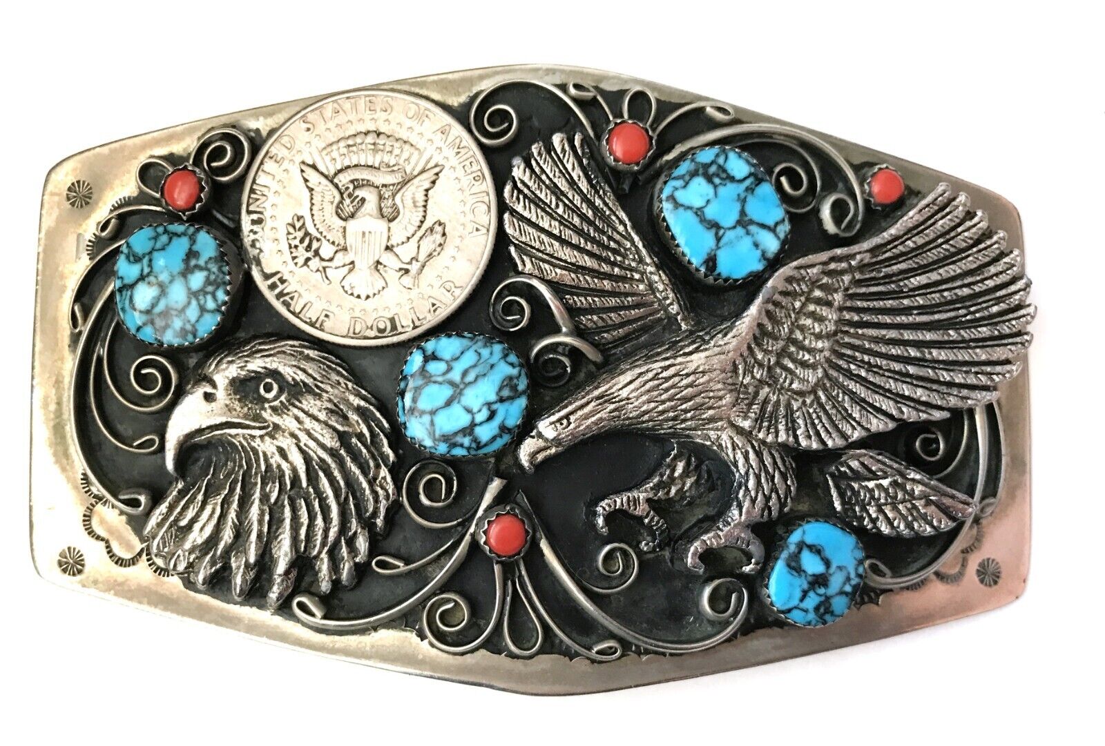 Large 6 Sided German Silver Belt Buckle 2 Eagles Half Dollar Turquoise Red Coral