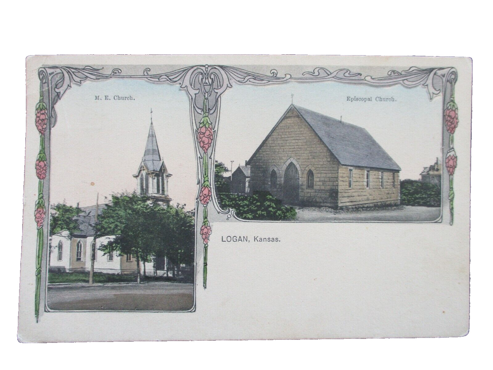 1912 Logan Kansas Methodist & Episcopal Church Multi View Hand Colored Postcard