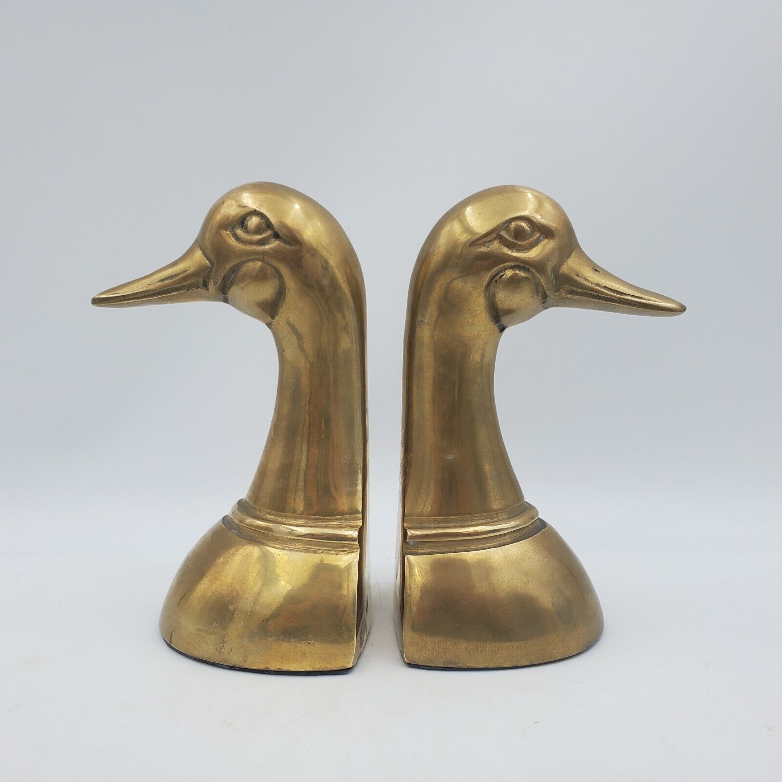Set Of 2 Brass Golden Mallard Duck Head Bookends Weighted Pair