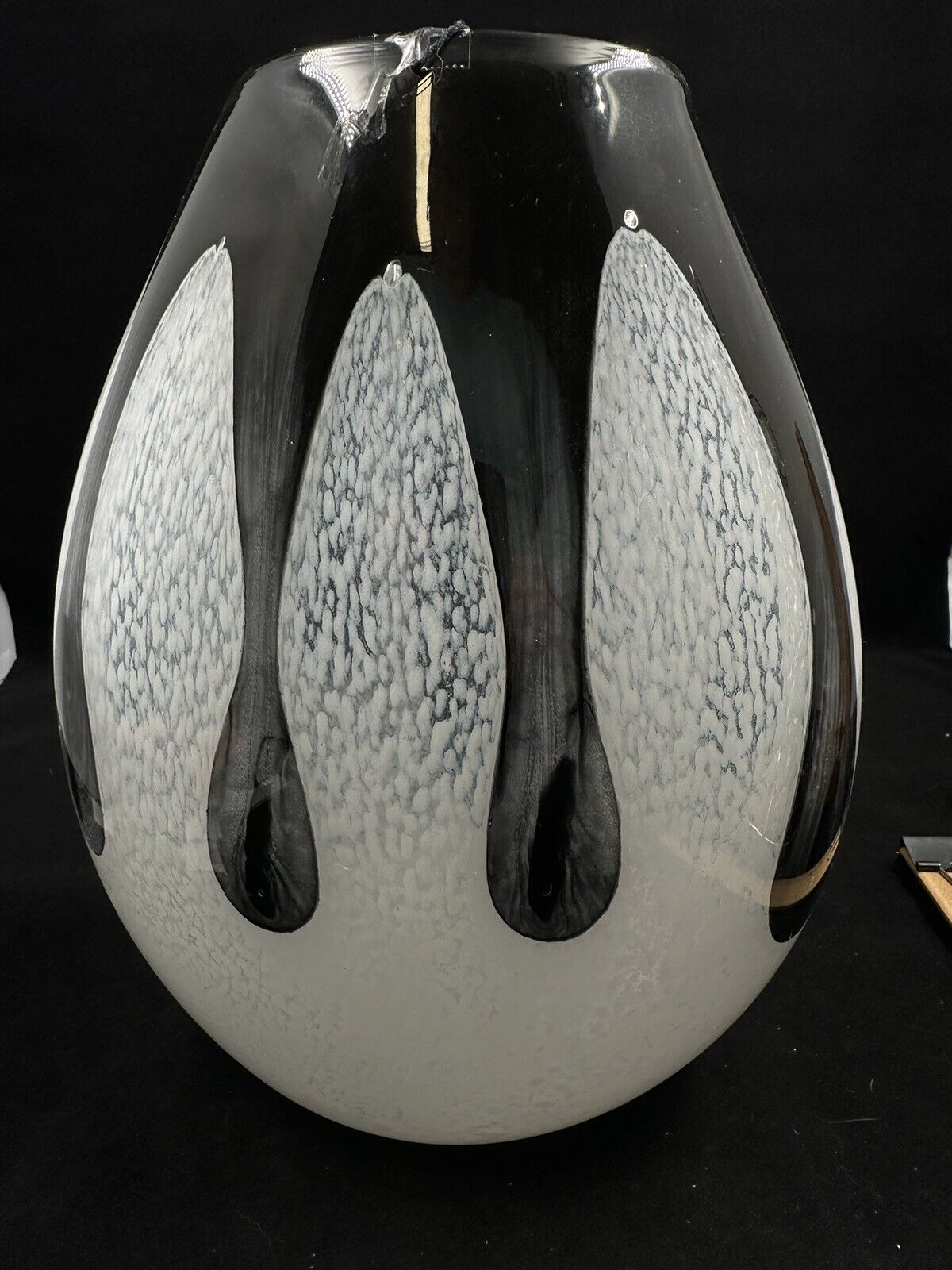 Large Hand Blown Glass Cased White Speckled Vase with Drips of Black 11.25\