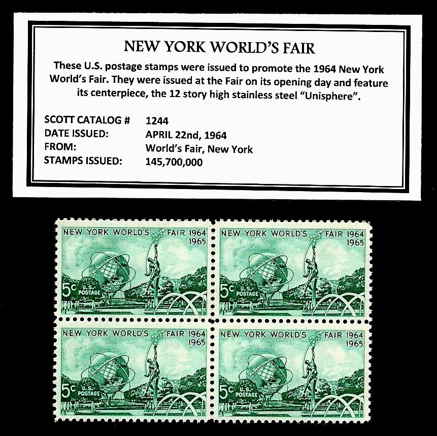 1964  NEW YORK WORLD\'S FAIR - Mint NH Block of Four Vintage Postage Stamps