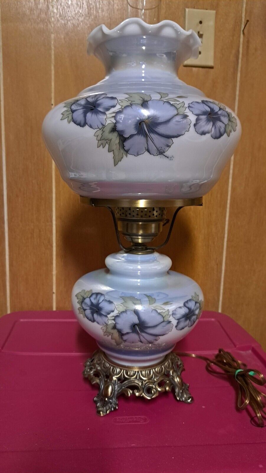 Vintage 1970s Luster Hurricane Lamp Blue Floral Hibiscus Handblown Glass & Brass