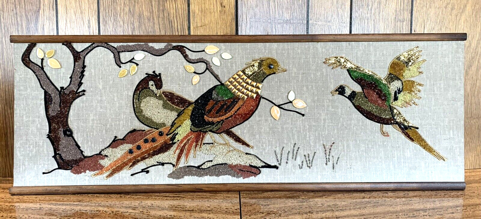 Colorful Vintage MCM Gravel Art: 3 Pheasants with Gold Tiles, Leaves, and Beads