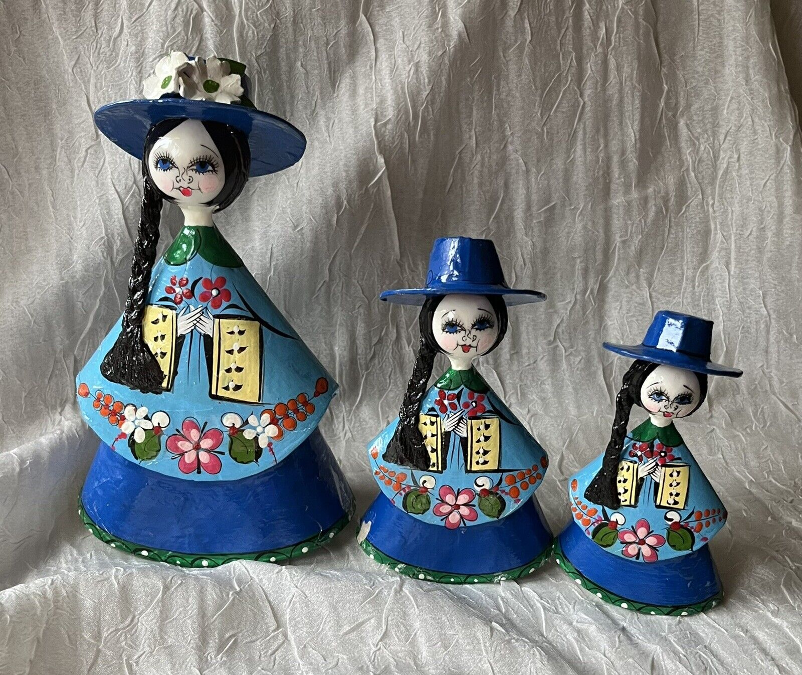 3 Graduated Tonala Paper Mache Dolls Blue Dress Senorita Figurine’s 8” / 6” / 5”