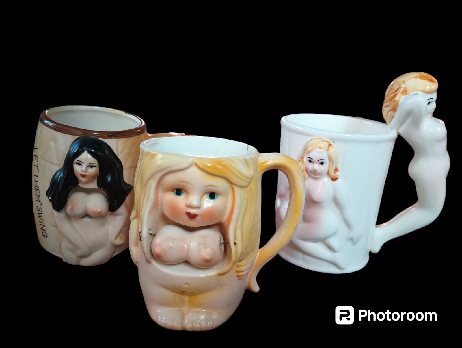 Lot Of 3 Vintage Novelty Naughty Nude Woman Coffee Mug Japan Patent Man Cave 