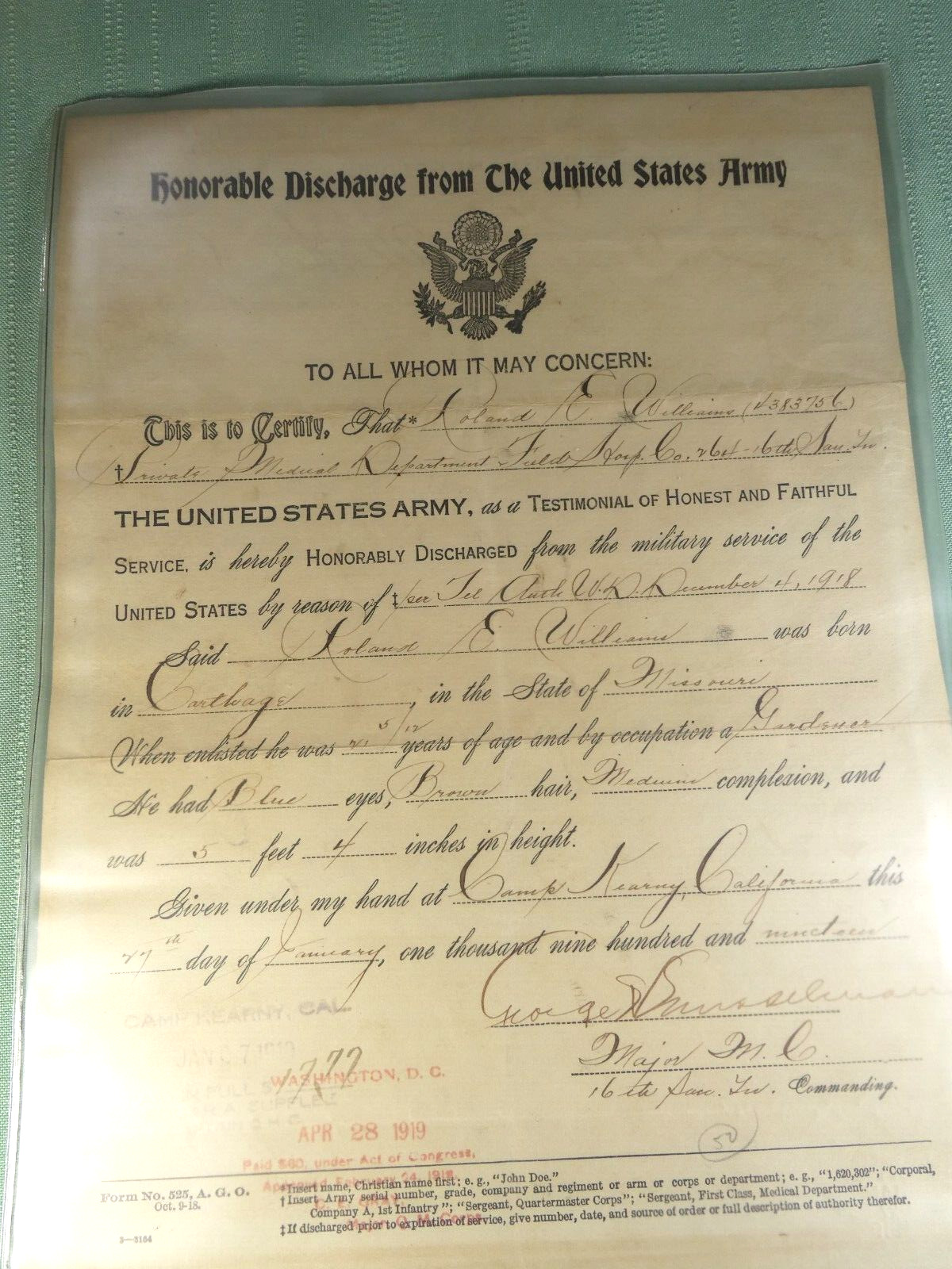 1919 WW 1 US Army Honorary Discharge Document Named and Signed