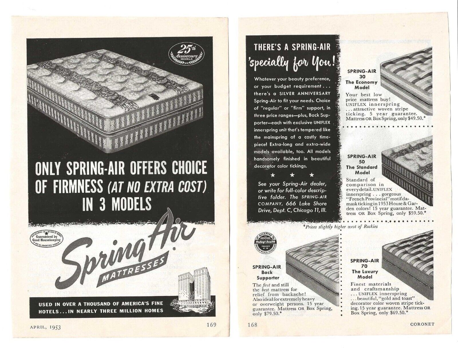 Vintage 1953 Spring Air Mattresses Magazine Advertisement, 1950s, Mid-century