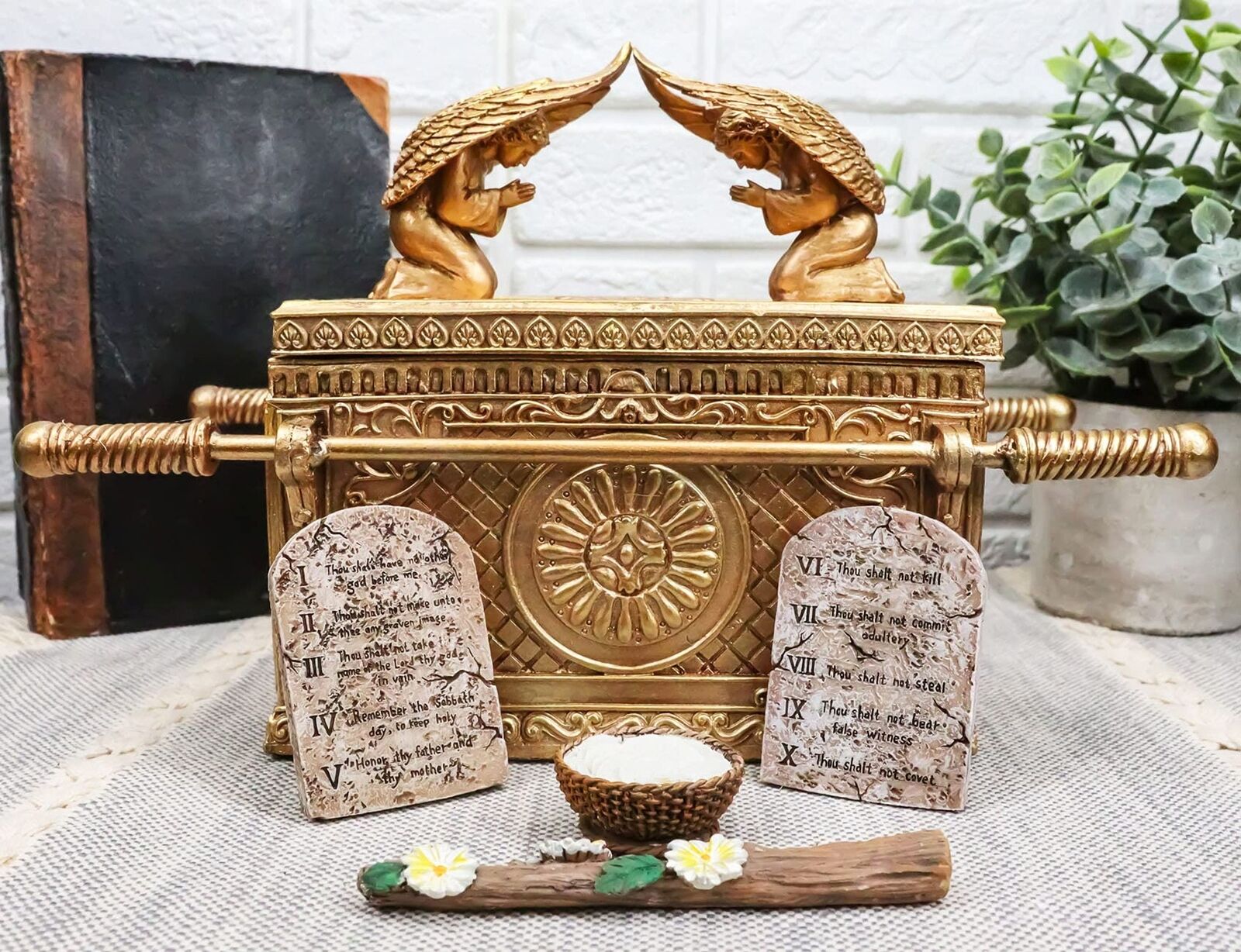 Ebros Matte Gold Holy Ark of The Covenant with Ten Commandments Rod of Aaron ...