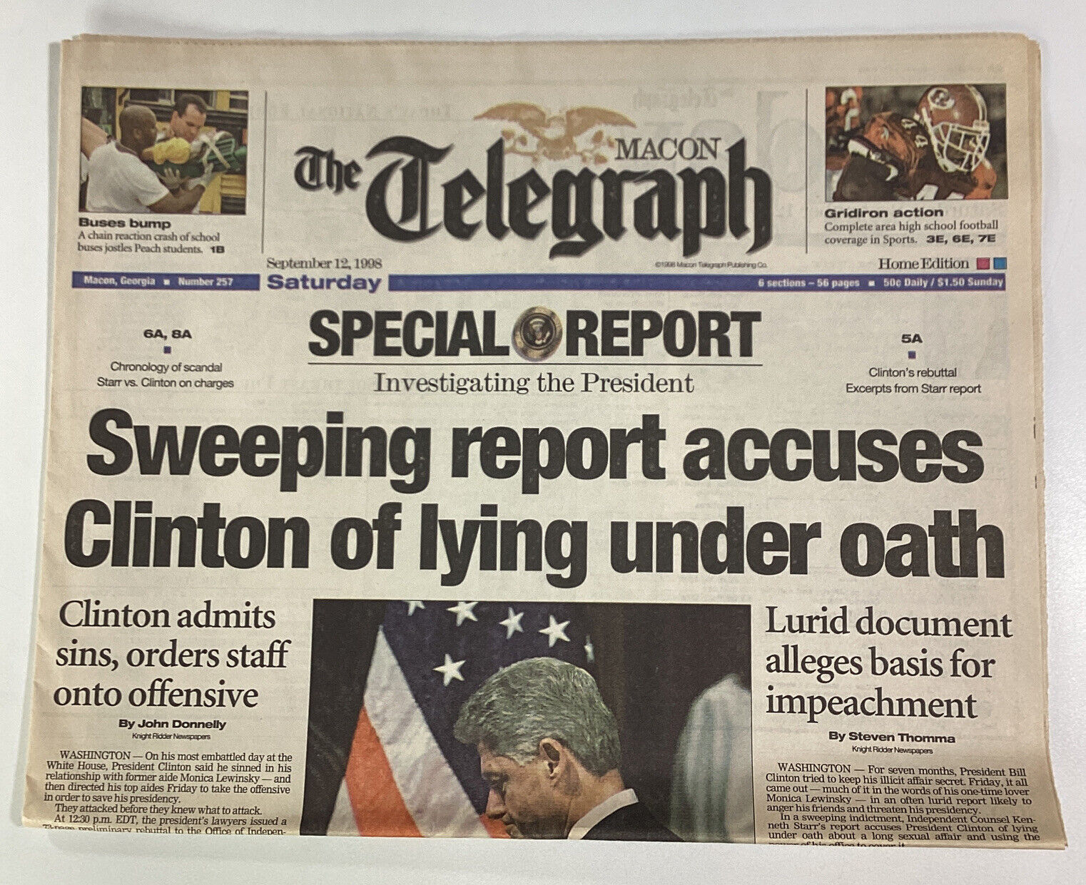 Macon Georgia Telegraph Newspaper Sept 12, 1998 Bill Clinton Hibberts Yu Uhl