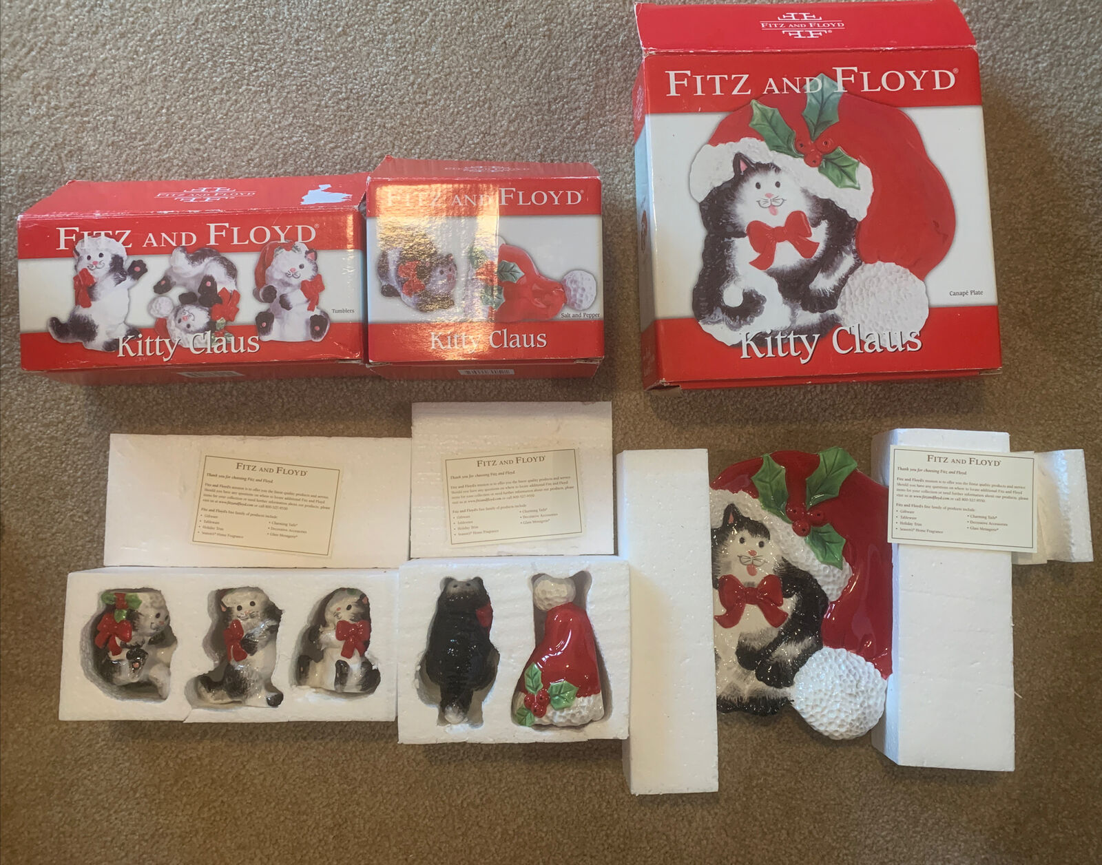 Fritz & Floyd Kitty Claus Tumblers, Salt n Pepper Shakers & Canapé Plate NEW