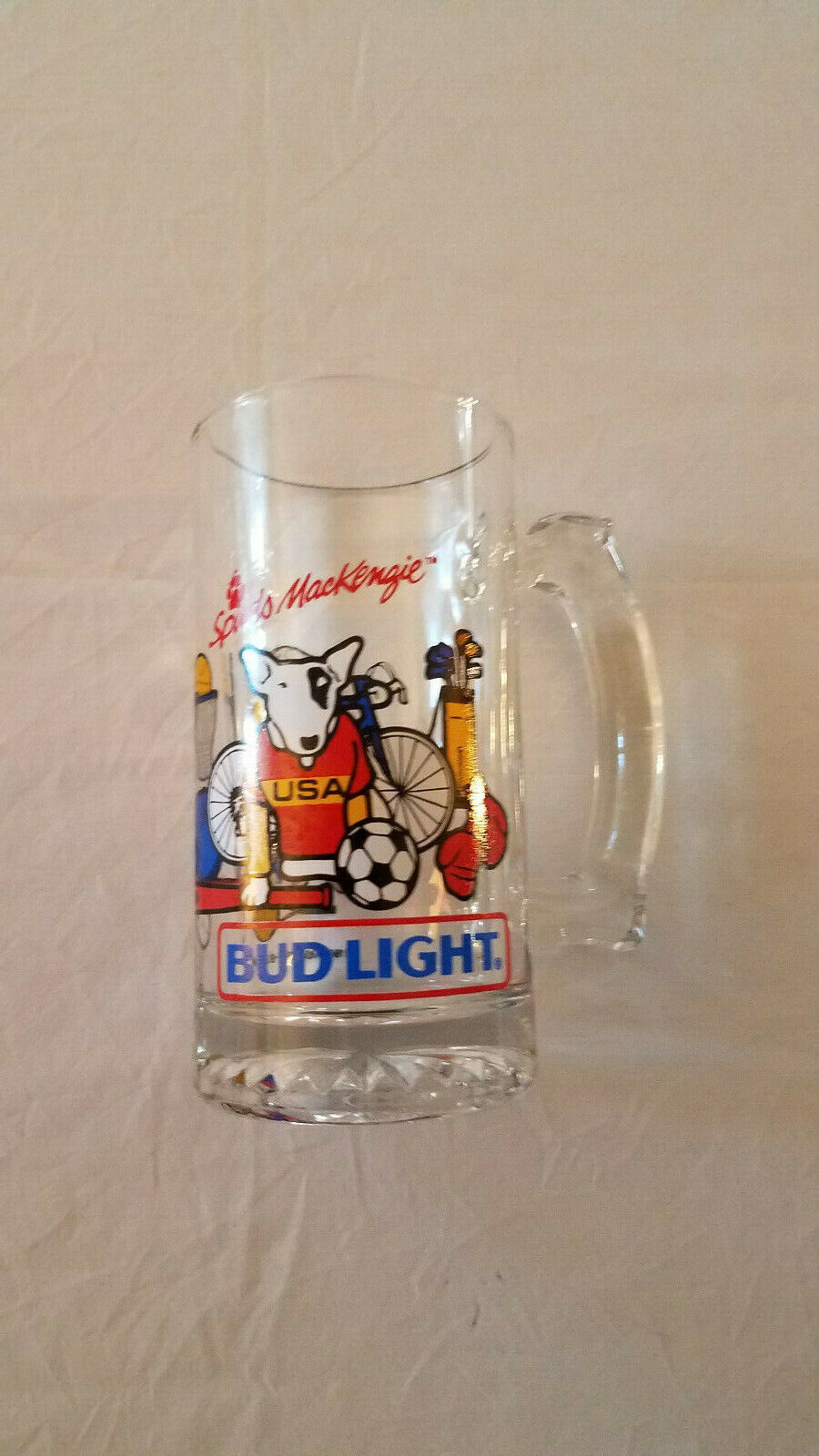 1988 Vtg Spuds Mackenzie Beer Bud Light Glass Mug Stein USA Sports olympics 1988