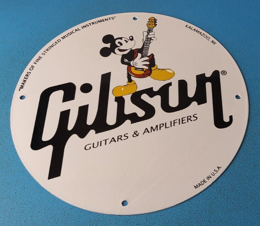 Vintage Gibson Guitars - Mickey Mouse Porcelain Gas Pump Service Station Sign