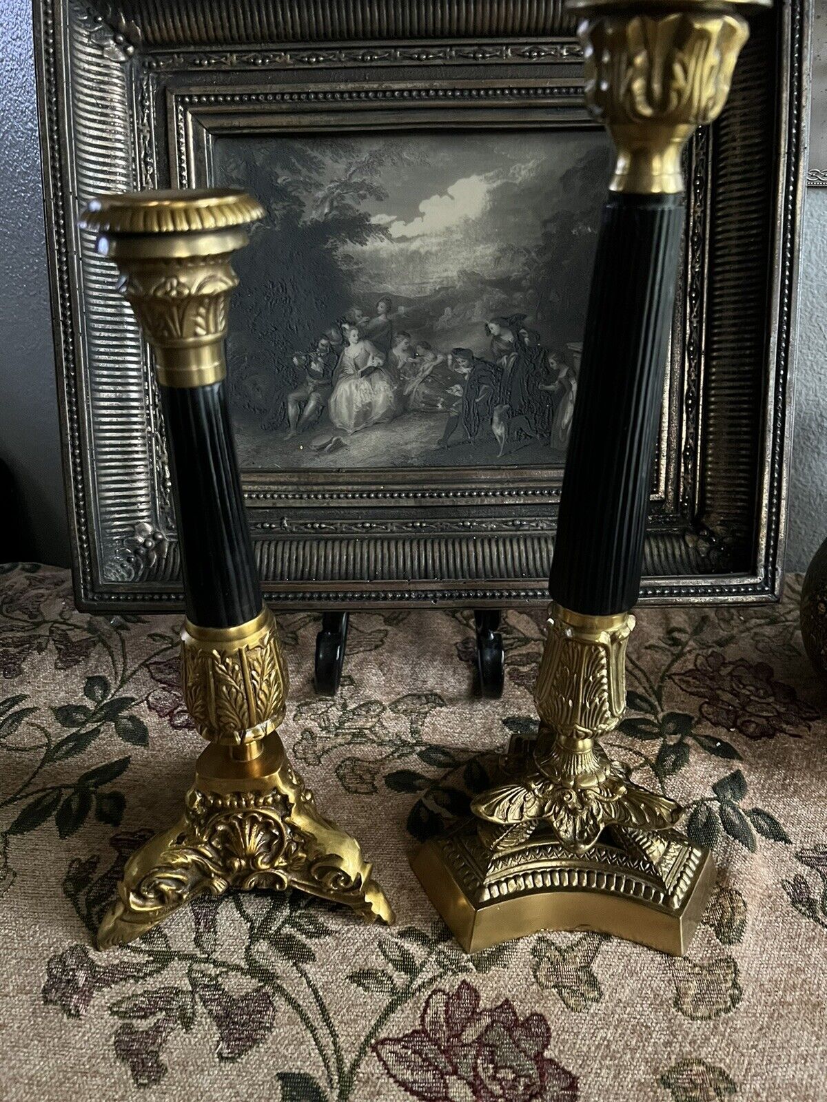 PAIR VINTAGE REGENCY BAROQUE MAITLAND SMITH BRASS/CHROME CANDLE HOLDERS