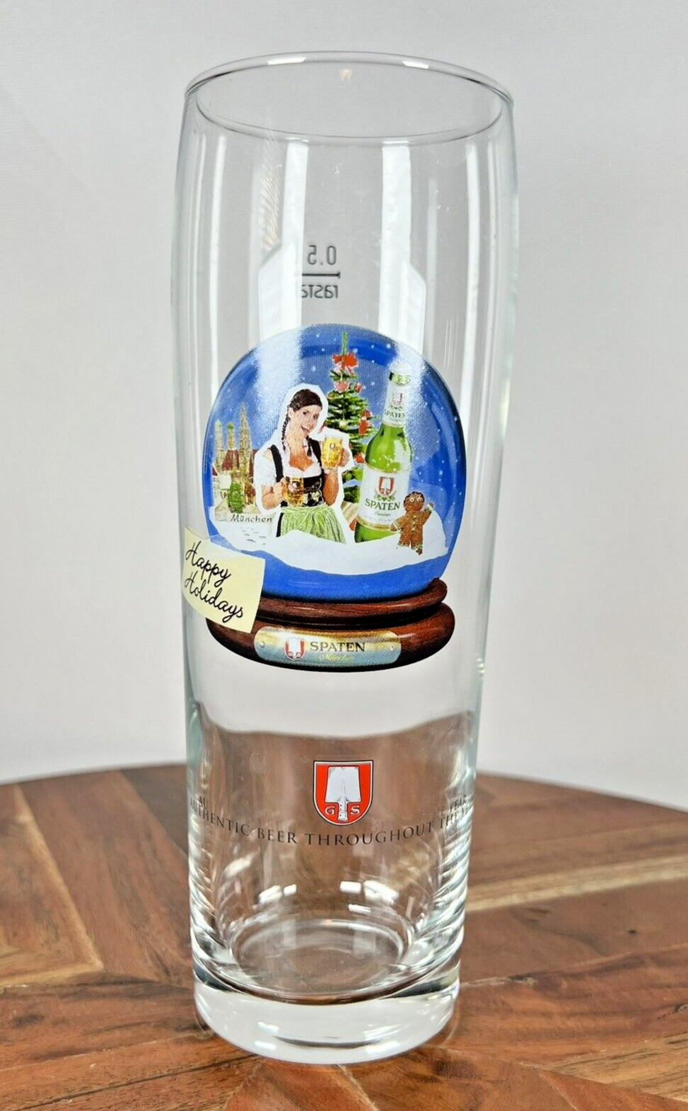 Vintage Spaten 0.5 Liter Munich Germany Beer Happy Holidays Snow Globe Glass